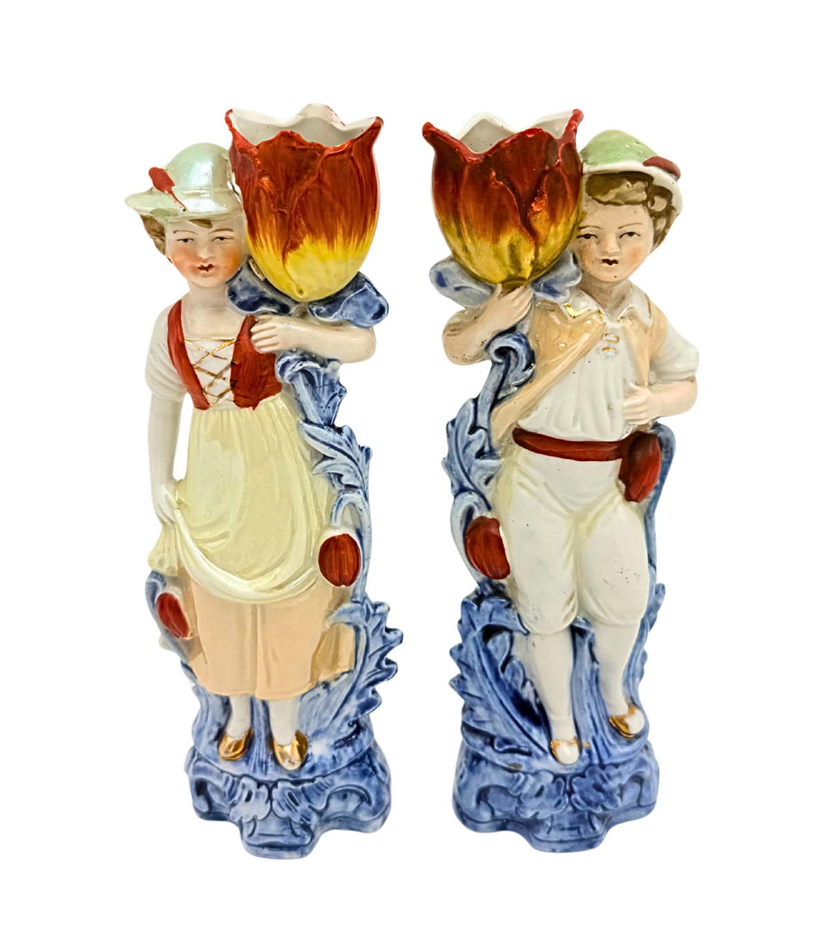 Antique German Porcelain Figural Tulip Vases Pair Boy & Girl 8078