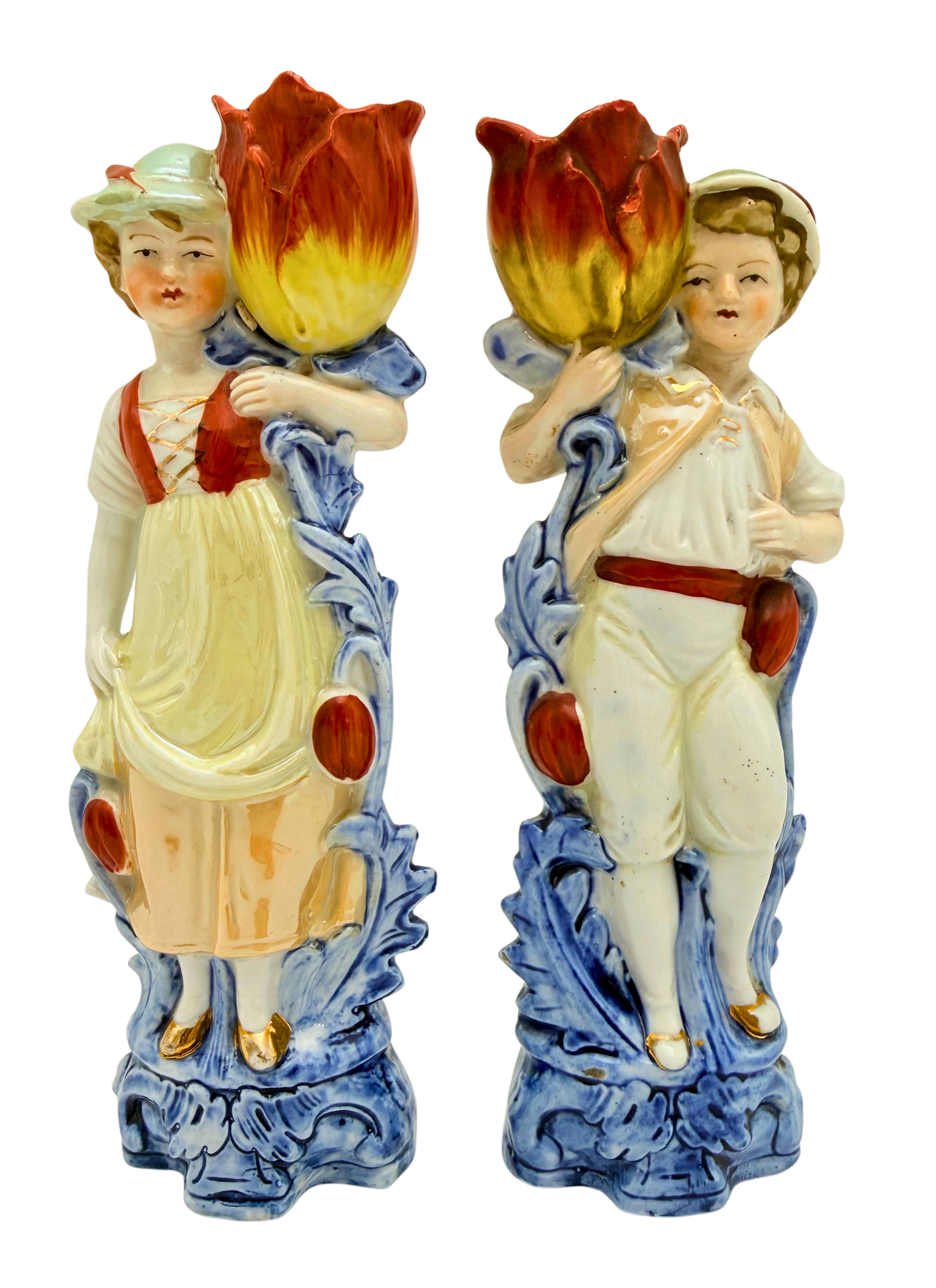 Antique German Porcelain Figural Tulip Vases Pair Boy & Girl 8078