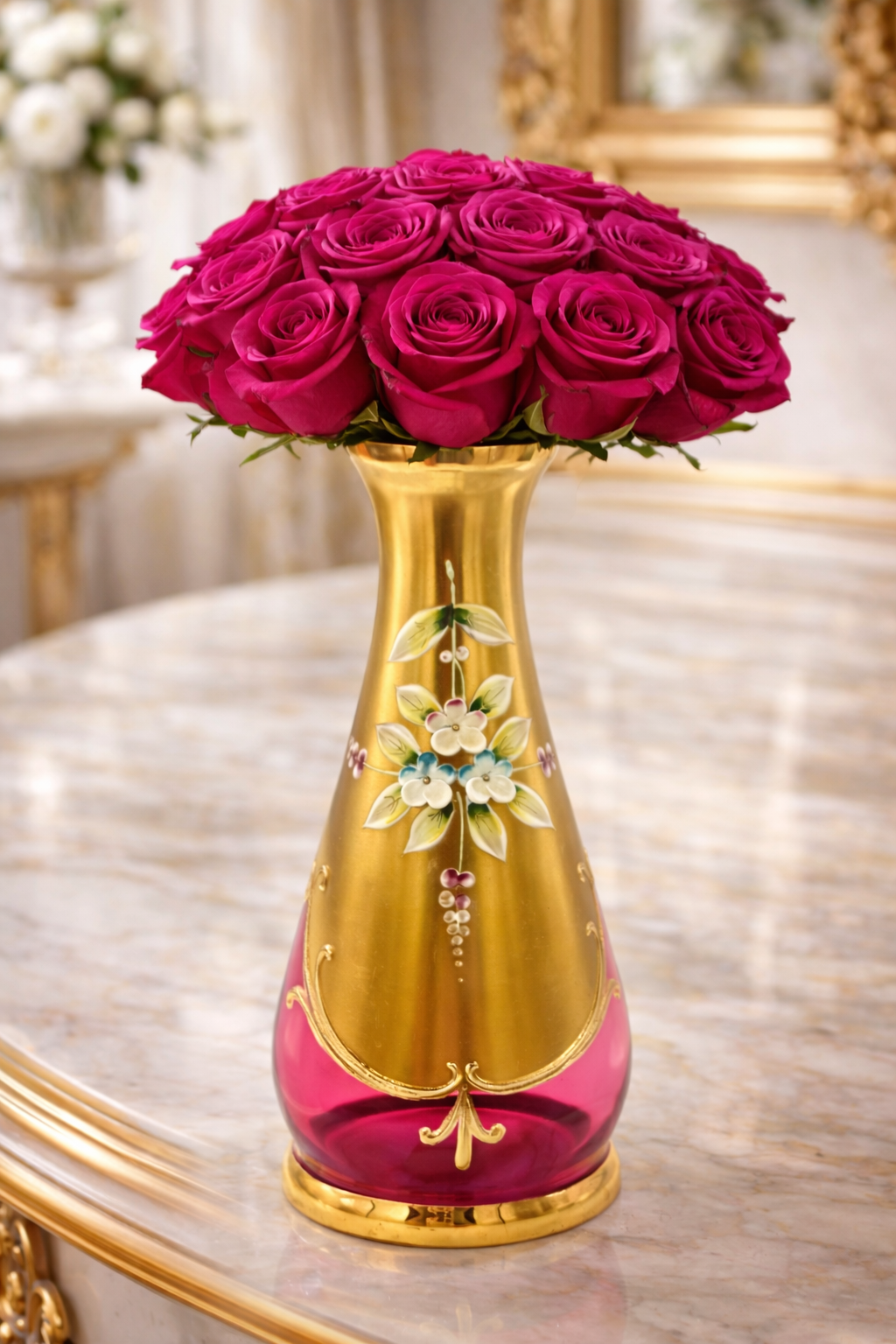 VINTAGE BOHEMIA CRYSTAL ENAMELED GOLD VASE – HAND PAINTED CZECH GLASS FLORAL DECOR – ELEGANT 8.5 INCH