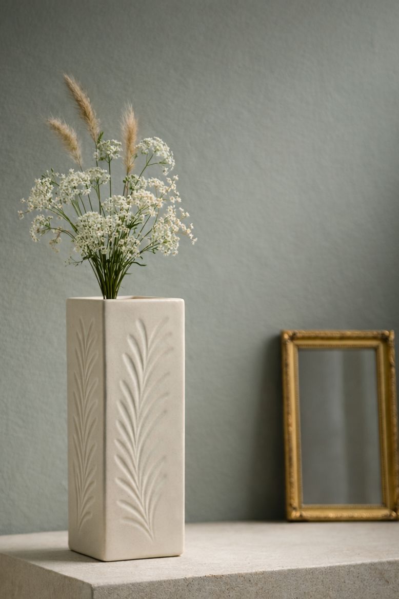 VINTAGE HULL USA MID CENTURY MODERN RECTANGULAR CERAMIC VASE | SCULPTURAL IVORY POTTERY COLUMN
