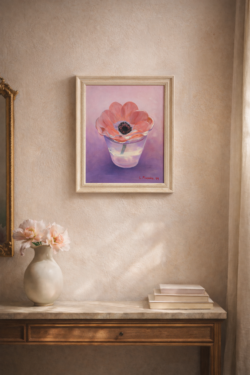 ORIGINAL SIGNED FLORAL PAINTING 1999 ACRYLIC ON CANVAS PINK FLOWER STILL LIFE FRAMED