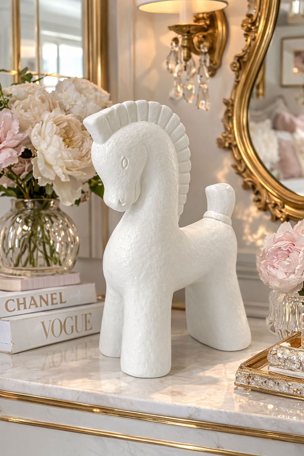 MID-CENTURY MODERN BRIGHT WHITE CERAMIC HORSE SCULPTURE – STYLED ABSTRACT FIGURINE