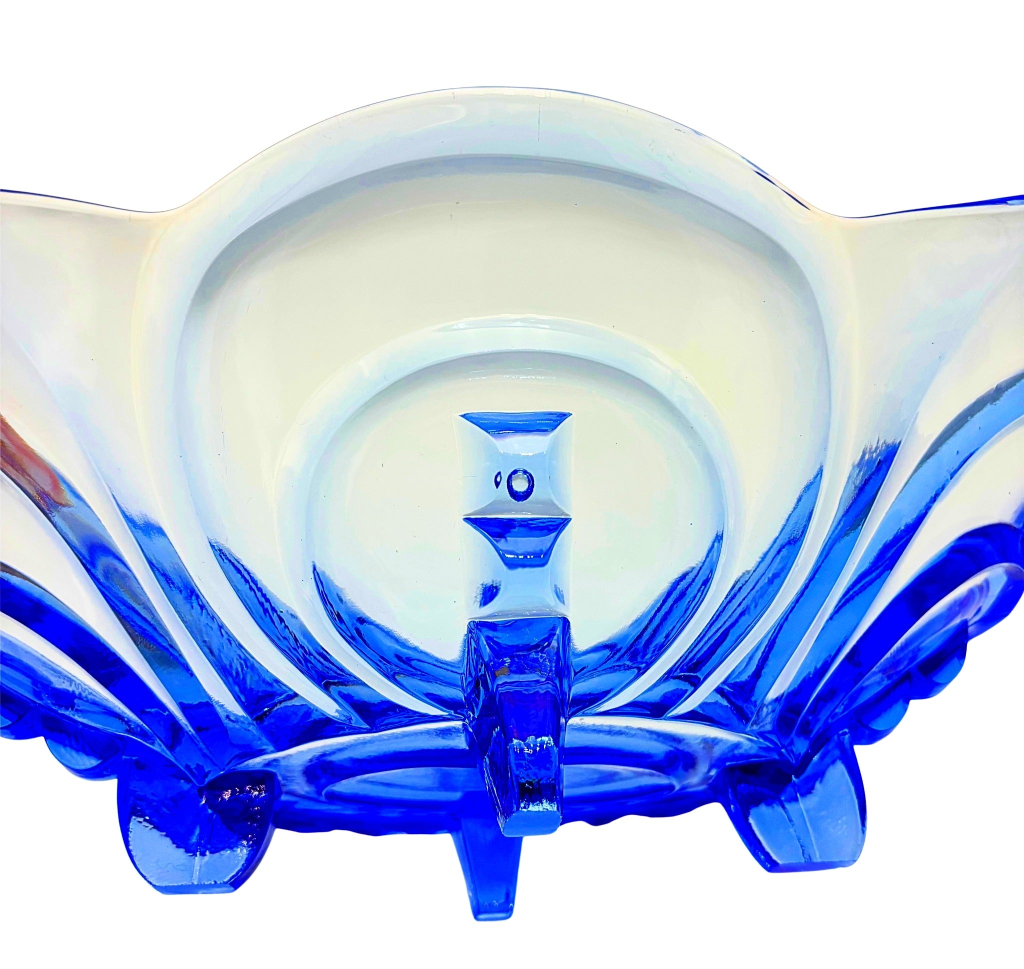 VINTAGE DRESDEN BLUE PRESSED GLASS BOWL ATTRIBUTED TO AUGUST WALTHER & SOHNE GERMAN ART DECO CENTERPIECE