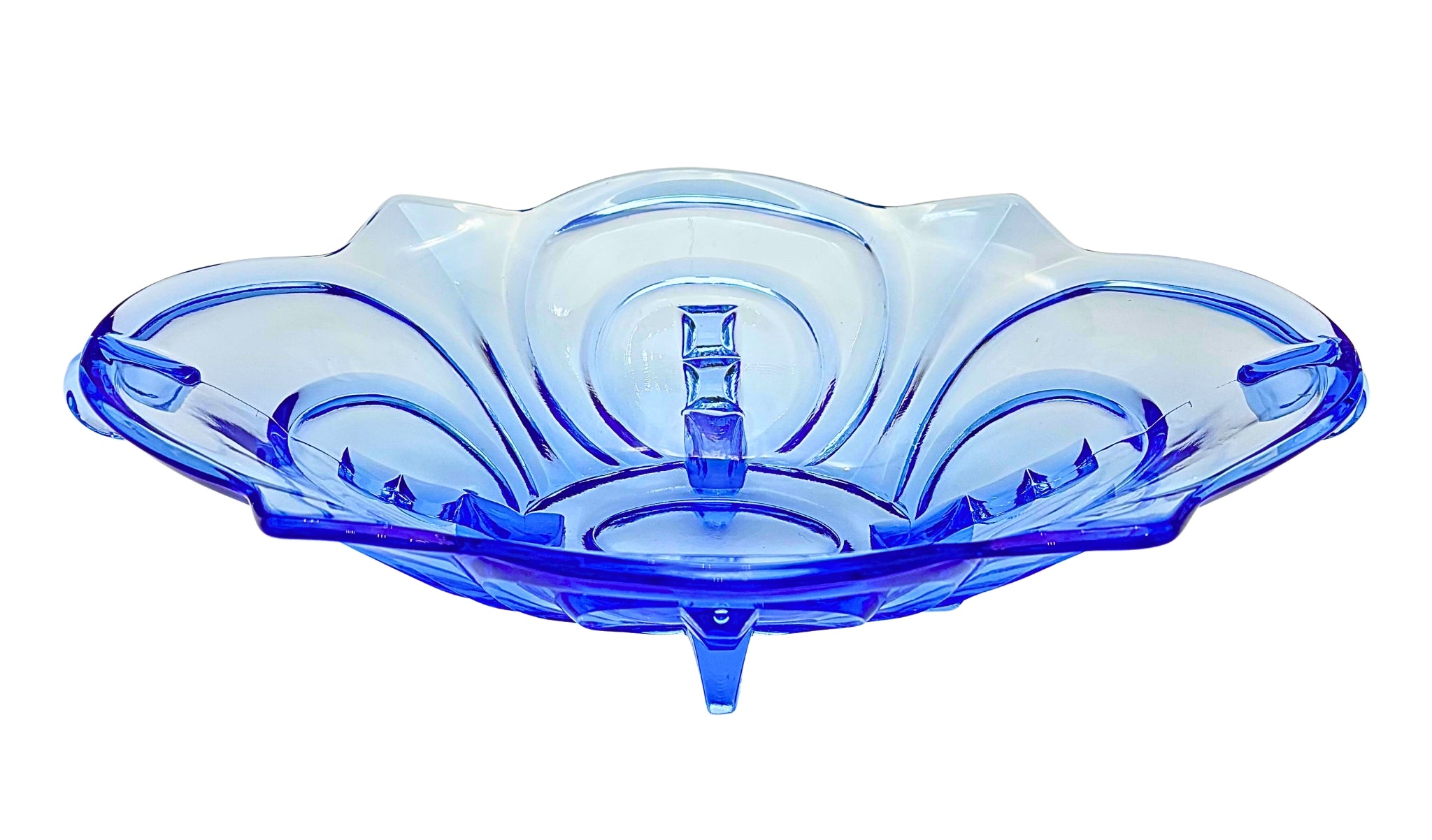 VINTAGE DRESDEN BLUE PRESSED GLASS BOWL ATTRIBUTED TO AUGUST WALTHER & SOHNE GERMAN ART DECO CENTERPIECE