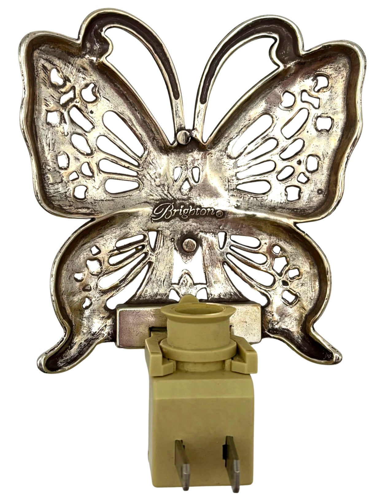 VINTAGE BRIGHTON BUTTERFLY NIGHT LIGHT – SILVER TONE PIERCED METAL PLUG-IN ACCENT LAMP