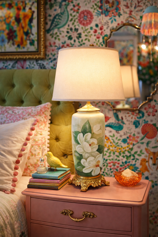 MID CENTURY MAGNOLIA PORCELAIN LARGE TABLE LAMP