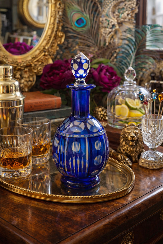 VINTAGE CZECH COBALT BLUE ART GLASS DECANTER WITH CONTROLLED BUBBLE DETAIL & FACETED STOPPER