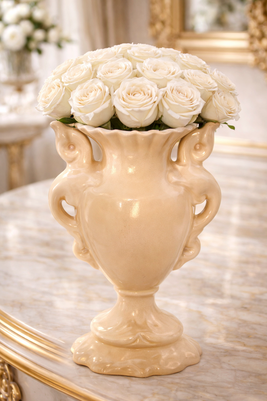 RUMRILL ART POTTERY VASE WITH BIRD HANDLES – 15″ PINK SATIN GLAZE