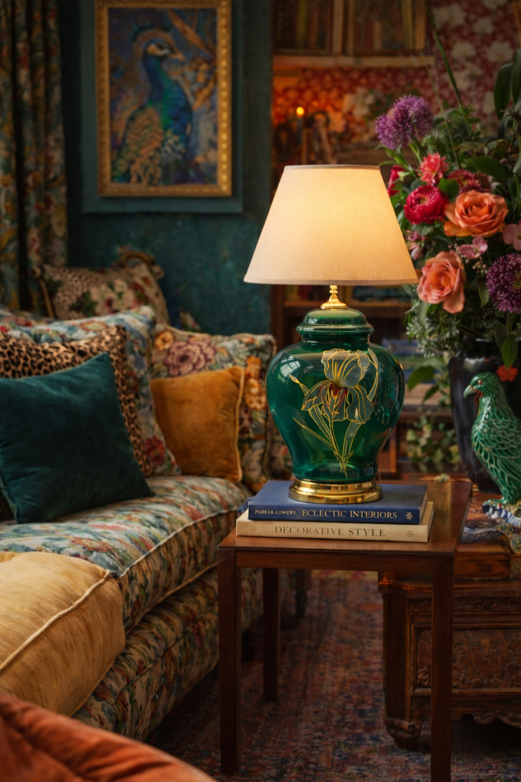 VINTAGE HOLLYWOOD REGENCY REVIVAL EMERALD GREEN ART GLASS LAMP WITH GILT IRIS – CIRCA 1970s–1980s – 17″