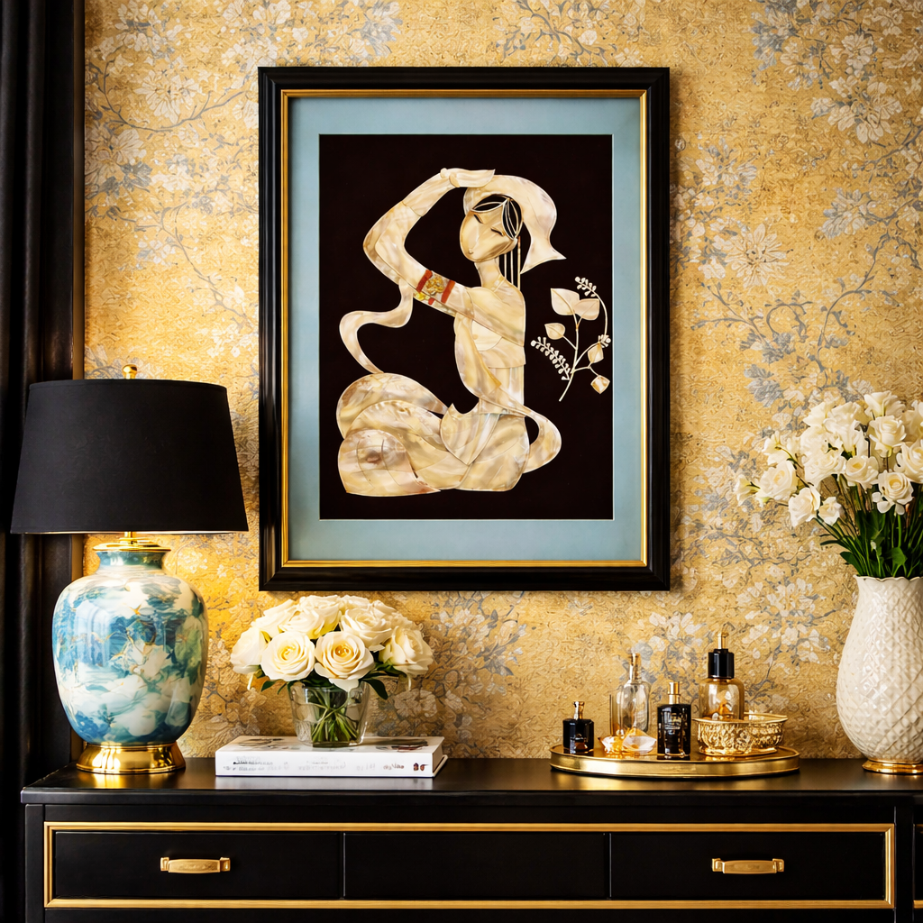 VINTAGE MOTHER OF PEARL WOMAN WITH RIBBON – FRAMED SHELL INLAY ART PANEL – 22X16 INCHES