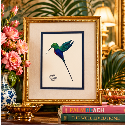 Original Hummingbird Painting by Javier – Signed Ecuadorian Botanical Bird Art, 2011