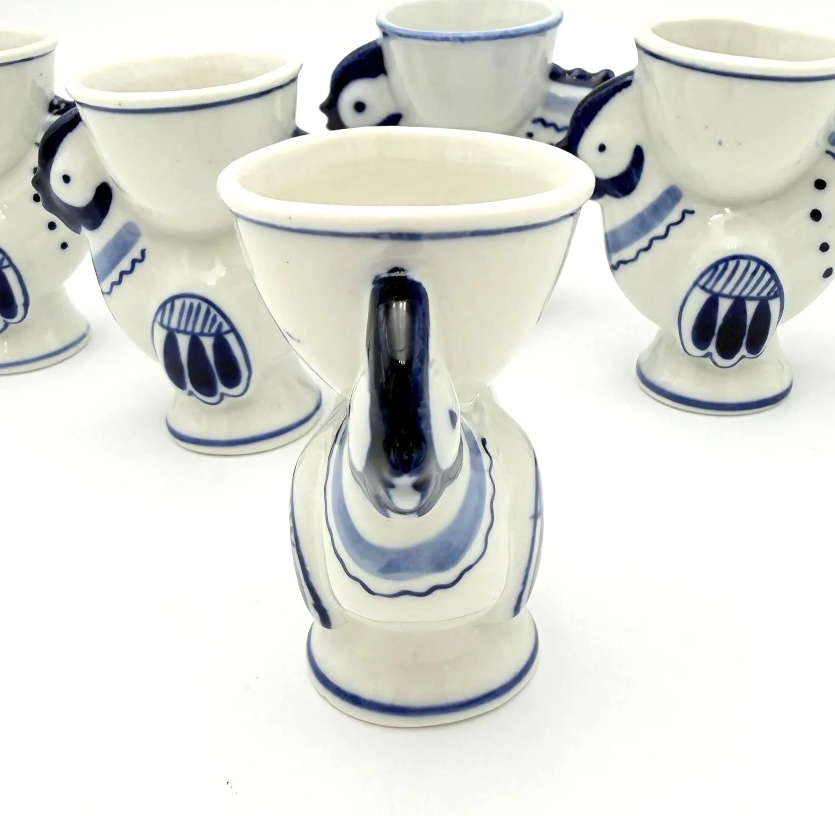 VINTAGE HAND PAINTED USSR FIGURAL ROOSTER EGG CUPS – SET OF 6 BLUE & WHITE CERAMIC FOLK ART