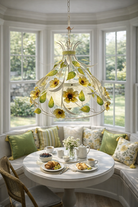 VINTAGE ITALIAN TOLE FLORAL CHANDELIER – HAND-PAINTED YELLOW FLOWERS WITH CRACKLE GLASS GLOBE, 18 INCH