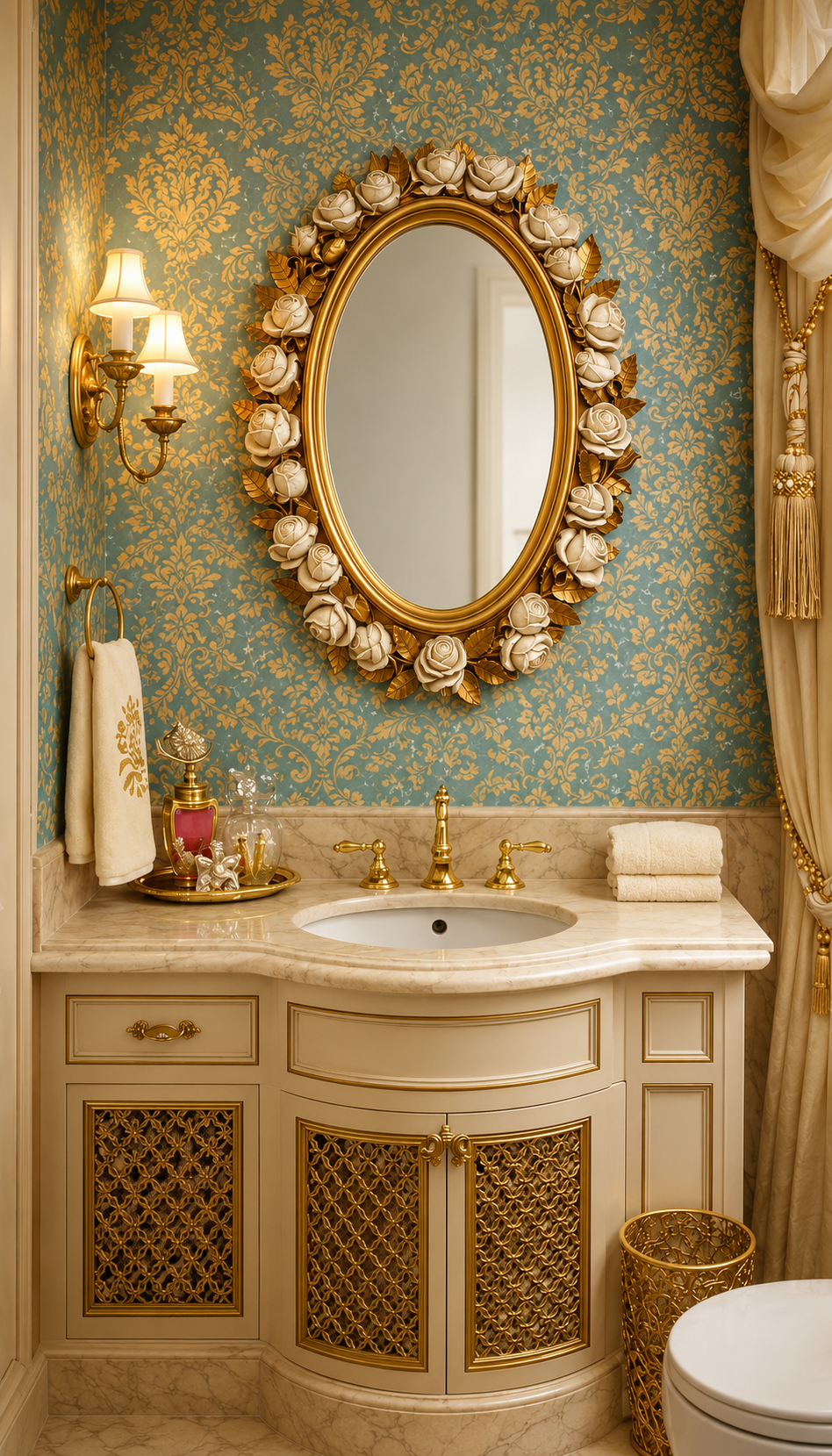 VINTAGE HOLLYWOOD REGENCY CREAM ROSE & GOLD LEAF OVAL WALL MIRROR