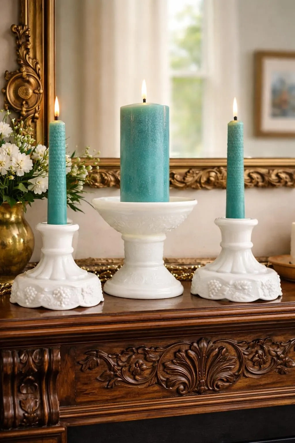 A curated trio of vintage milk glass candle holders in varying heights and classic patterns.