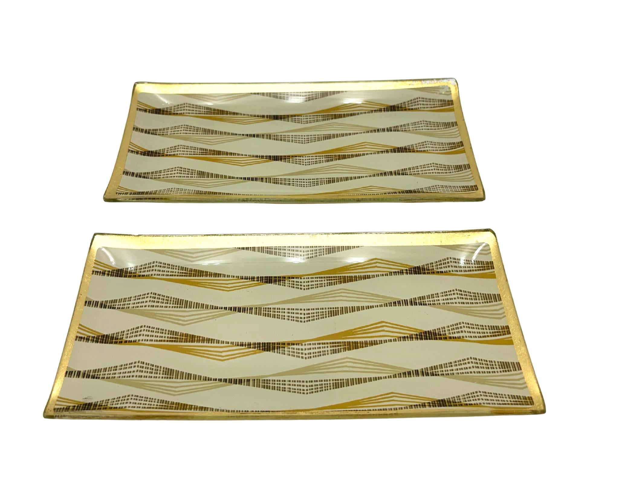 VINTAGE MID CENTURY GOLD GEOMETRIC GLASS TRAYS – SET OF 2