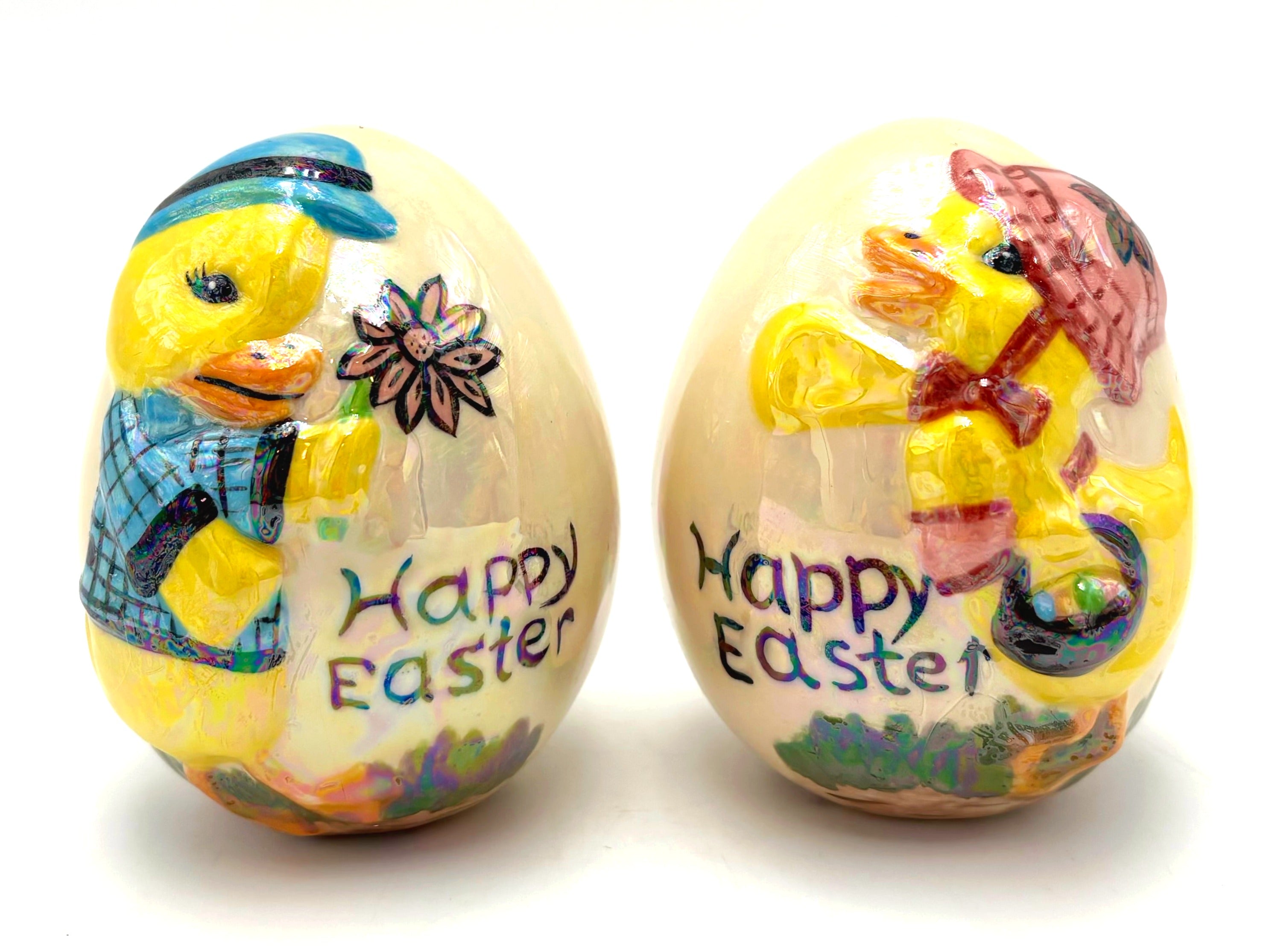 VINTAGE IRIDESCENT EASTER EGG FIGURINES WITH DUCKLINGS – SET OF 2