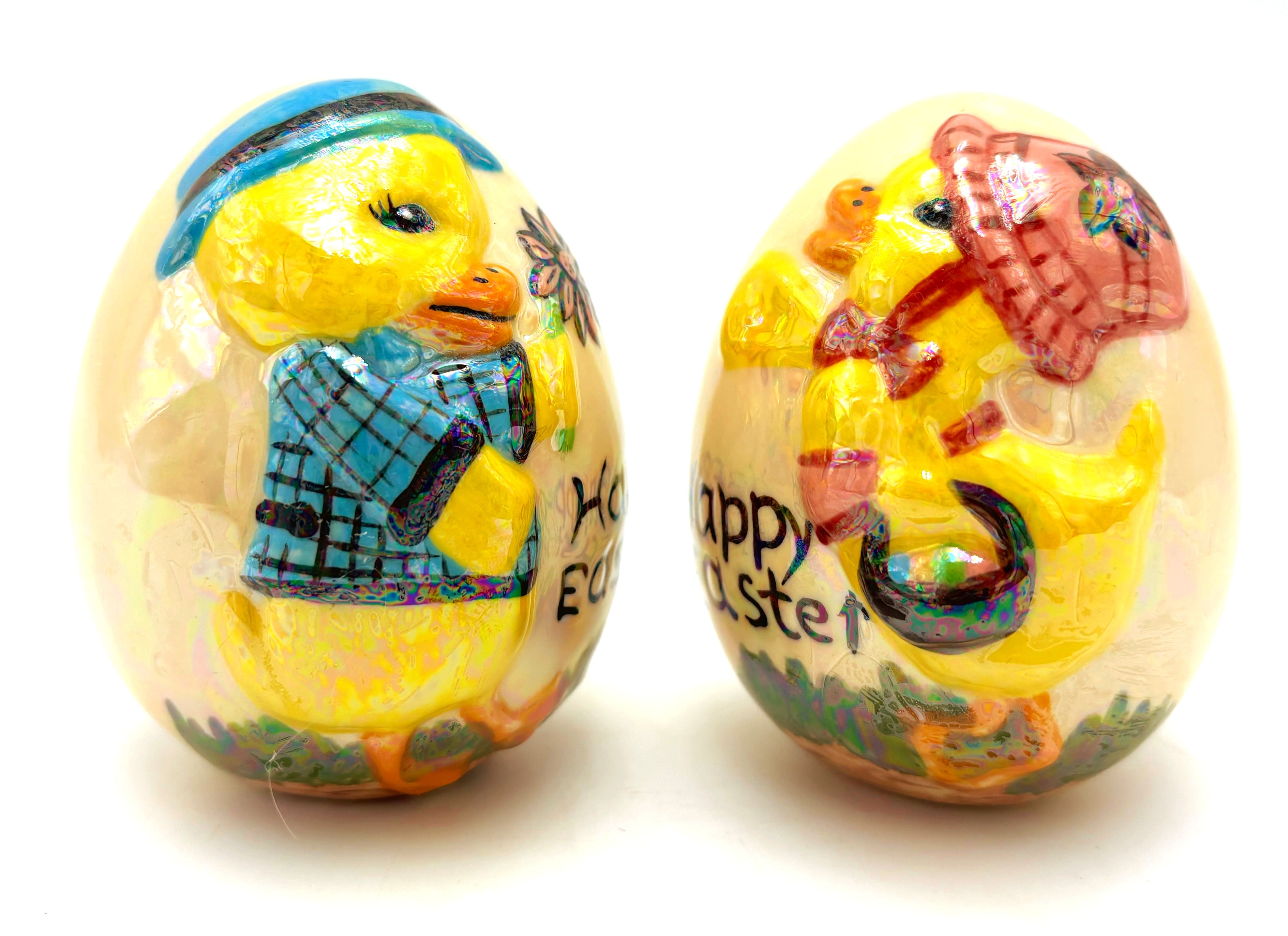 VINTAGE IRIDESCENT EASTER EGG FIGURINES WITH DUCKLINGS – SET OF 2