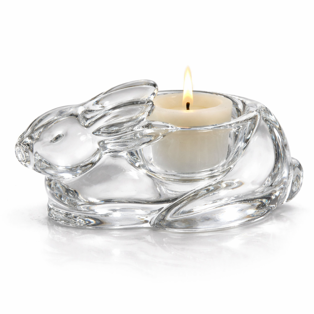 VINTAGE SOLID CRYSTAL BUNNY CANDLEHOLDER – SCULPTURAL MODERNIST CLEAR GLASS RABBIT FIGURINE