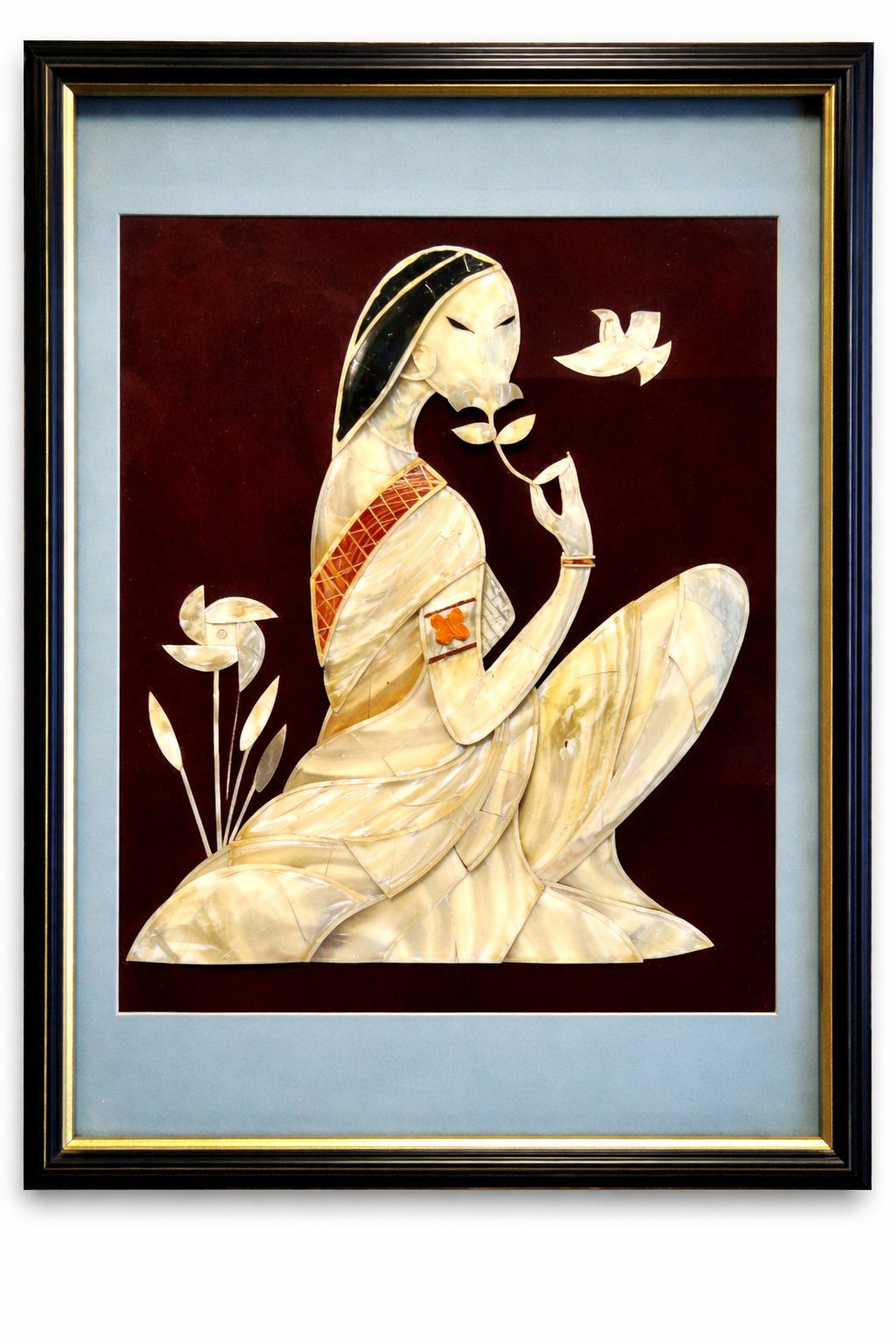 VINTAGE MOTHER OF PEARL WOMAN WITH BIRD – FRAMED SHELL INLAY ART PANEL – 22X16 INCHES