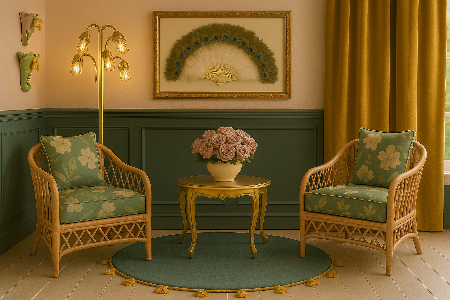 Pair of 1980s Henry Link Rattan Chairs – Vintage Coastal Cottage Seating with Floral Cushions