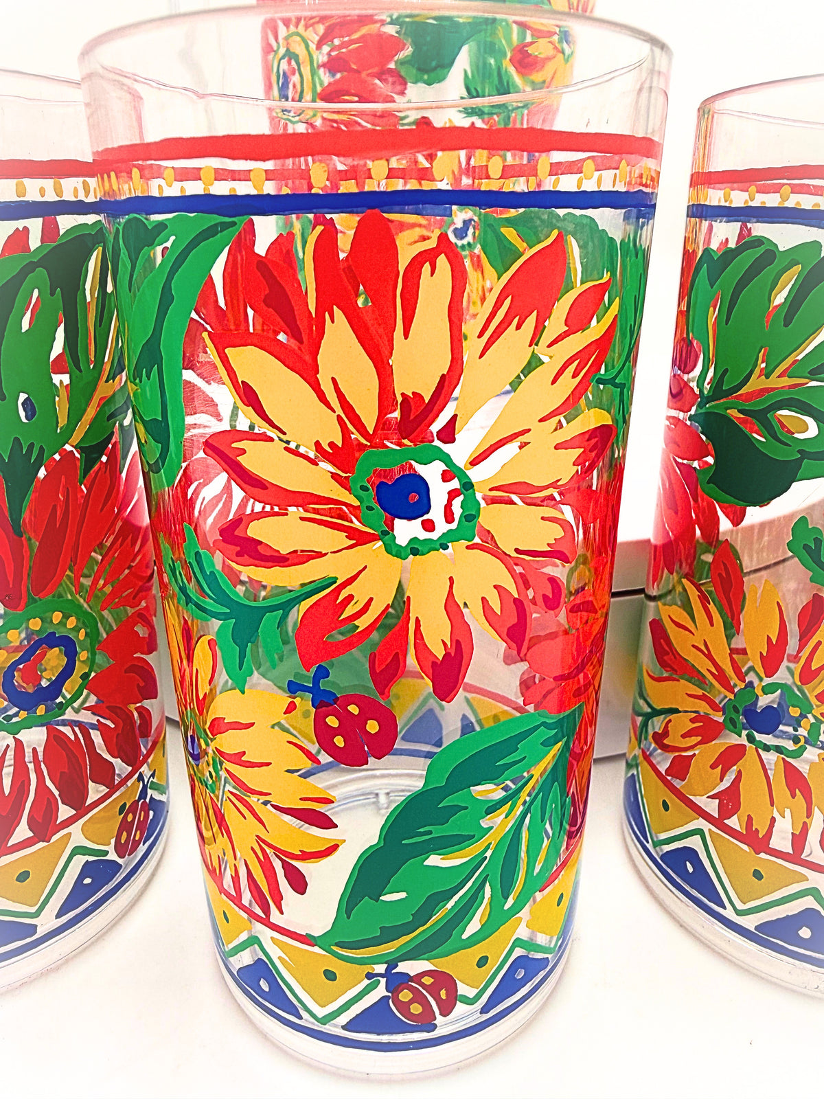 Vintage 1990s Floral Ladybug Acrylic Pitcher & 7 Tumblers 8 Piece Set