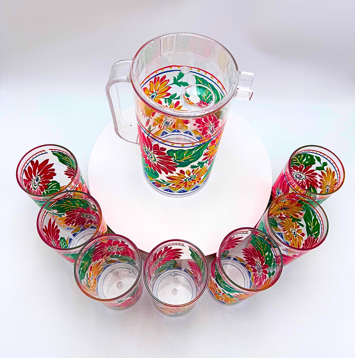 Vintage 1990s Floral Ladybug Acrylic Pitcher & 7 Tumblers 8 Piece Set