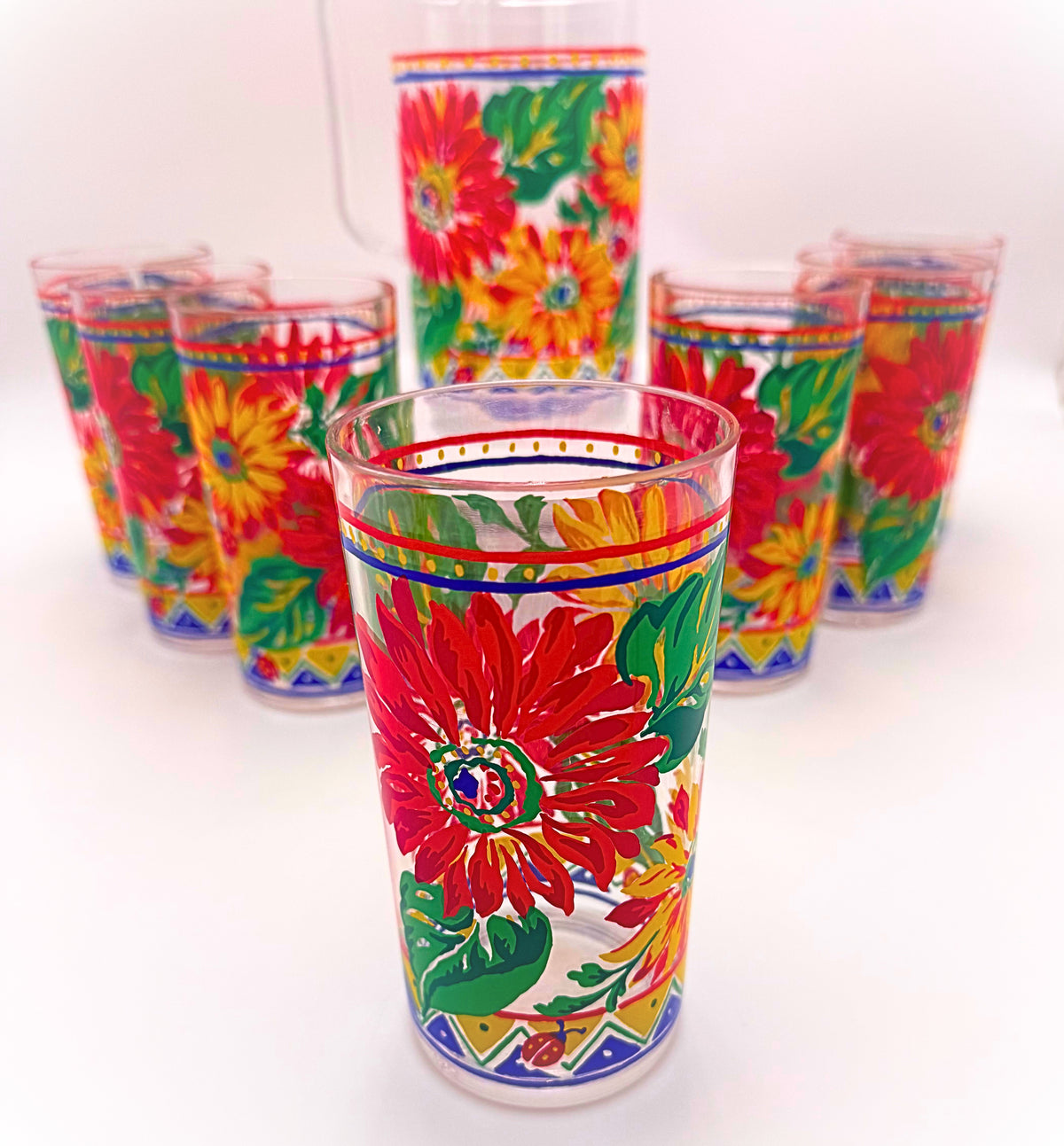 Vintage 1990s Floral Ladybug Acrylic Pitcher & 7 Tumblers 8 Piece Set