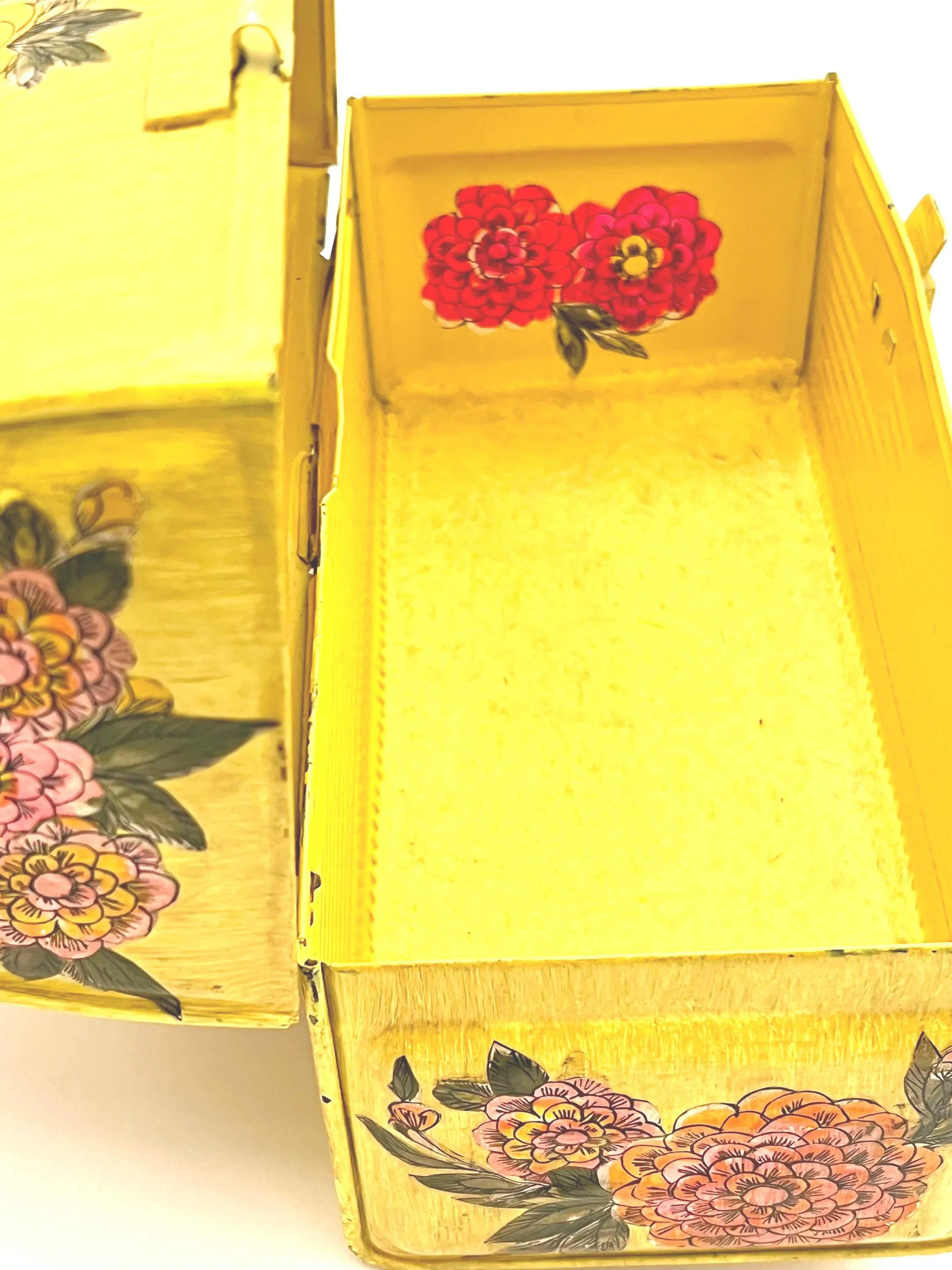 Unique 1960s folk art lunch box converted into a purse with colorful decoupage floral patterns.