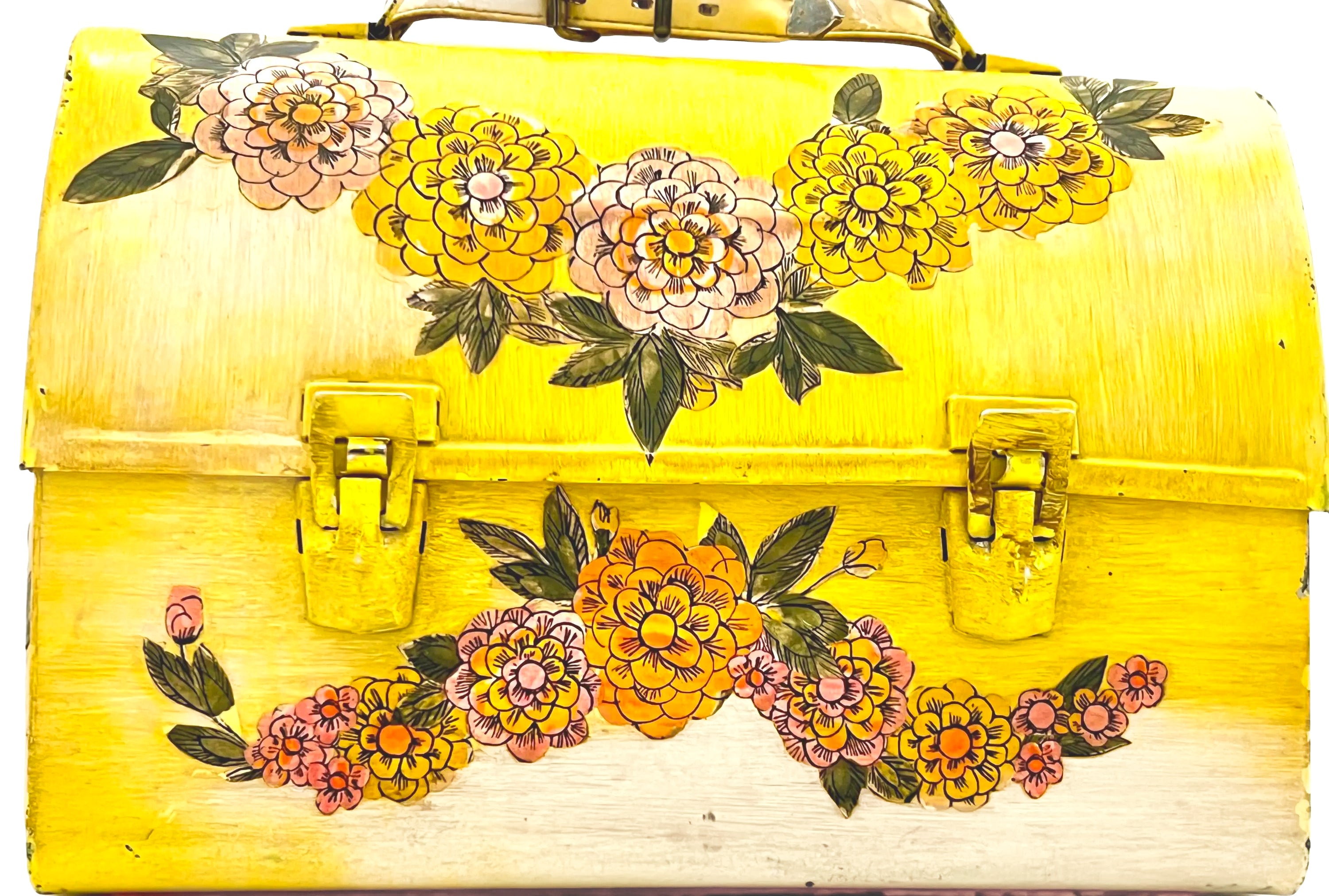 Unique 1960s folk art lunch box converted into a purse with colorful decoupage floral patterns.