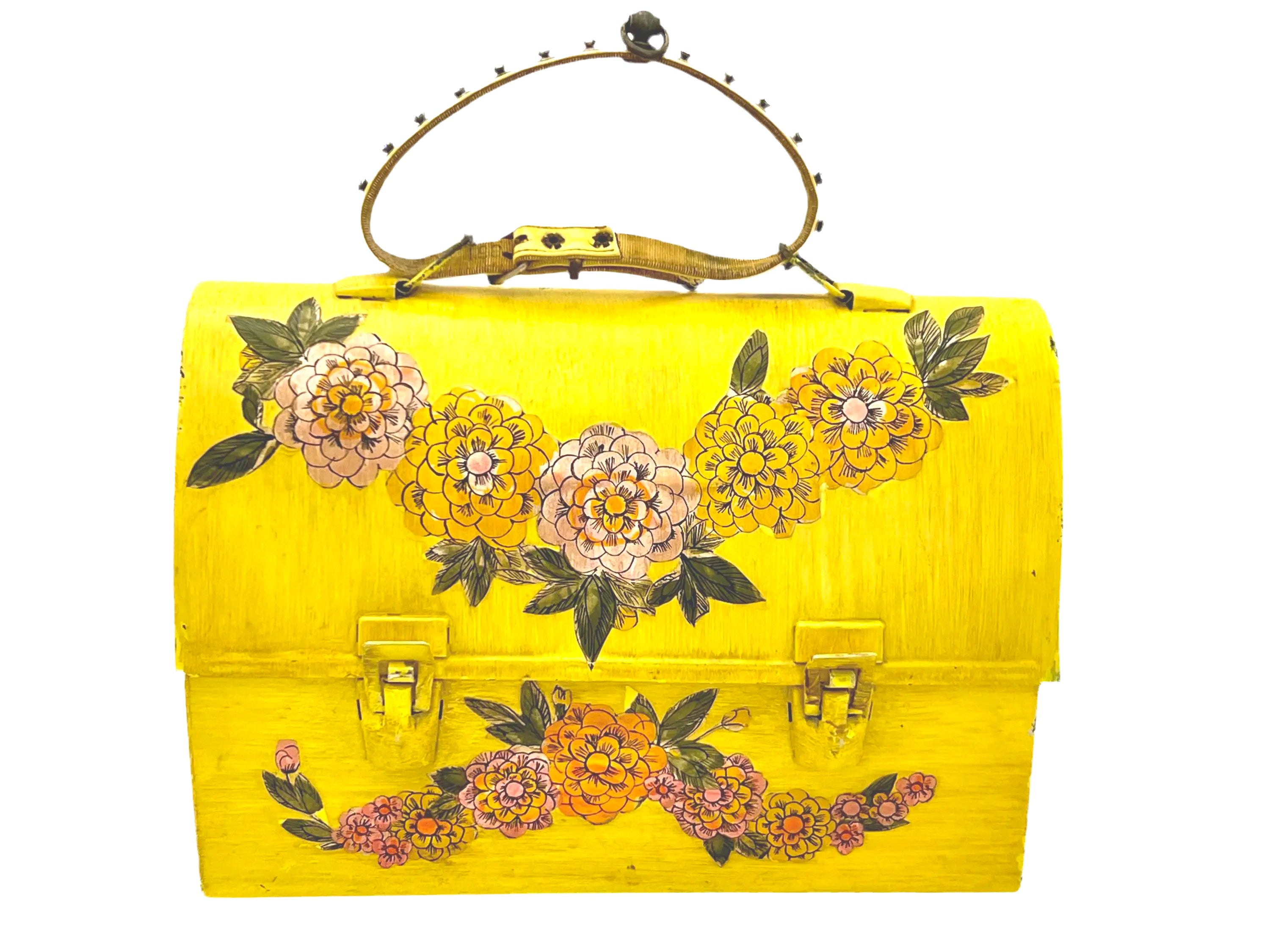 Unique 1960s folk art lunch box converted into a purse with colorful decoupage floral patterns.