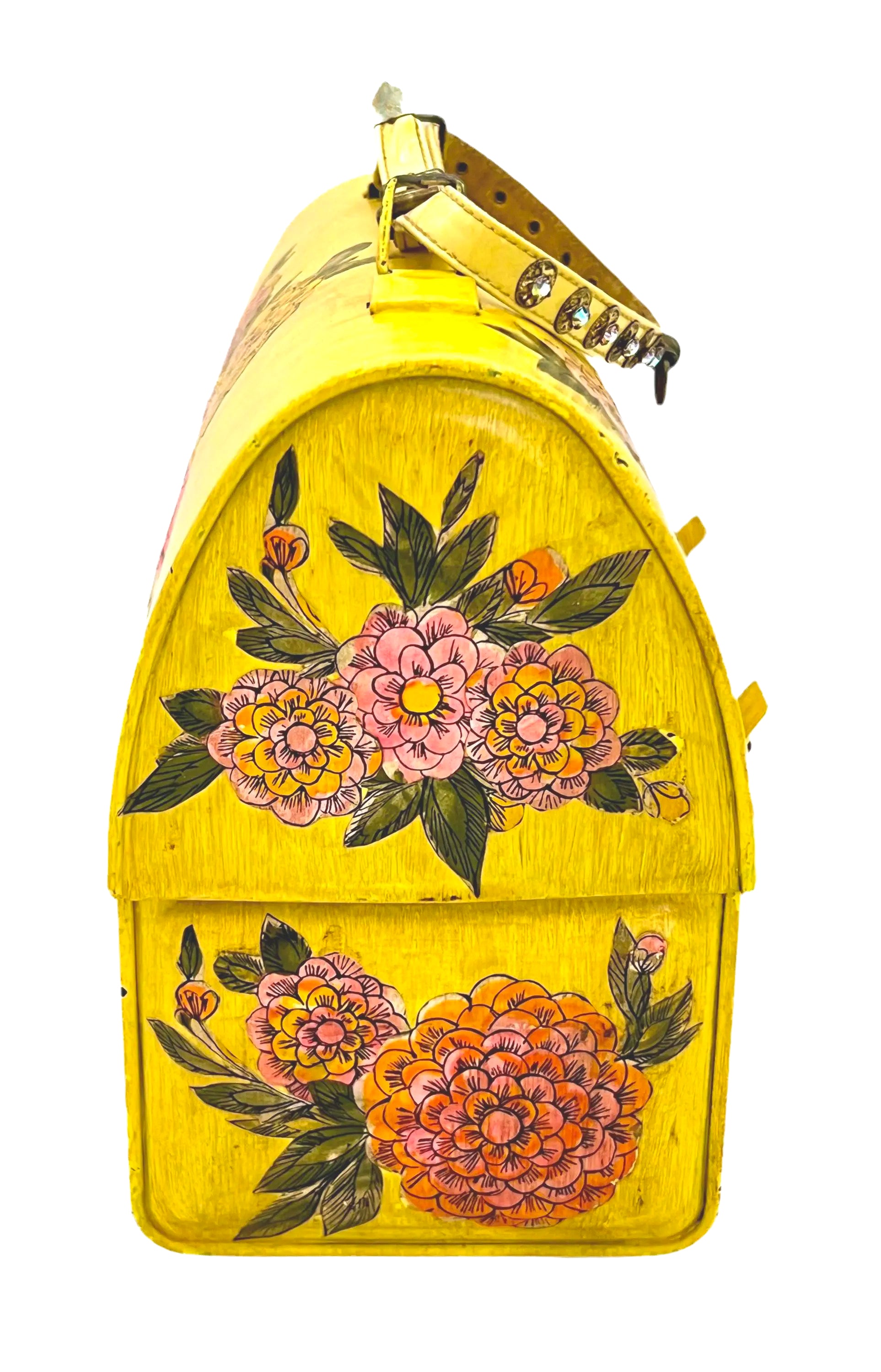 Unique 1960s folk art lunch box converted into a purse with colorful decoupage floral patterns.