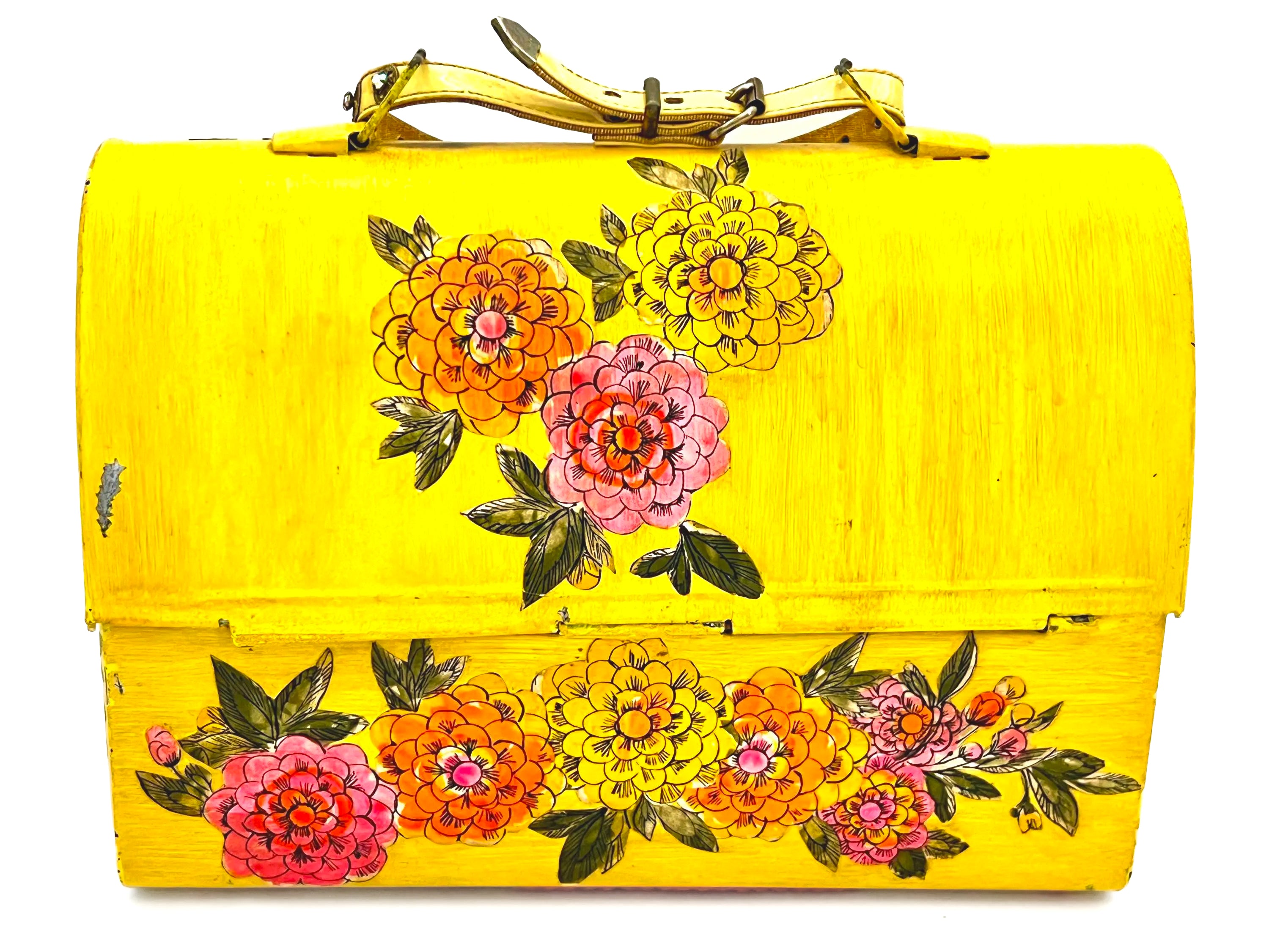 Unique 1960s folk art lunch box converted into a purse with colorful decoupage floral patterns.