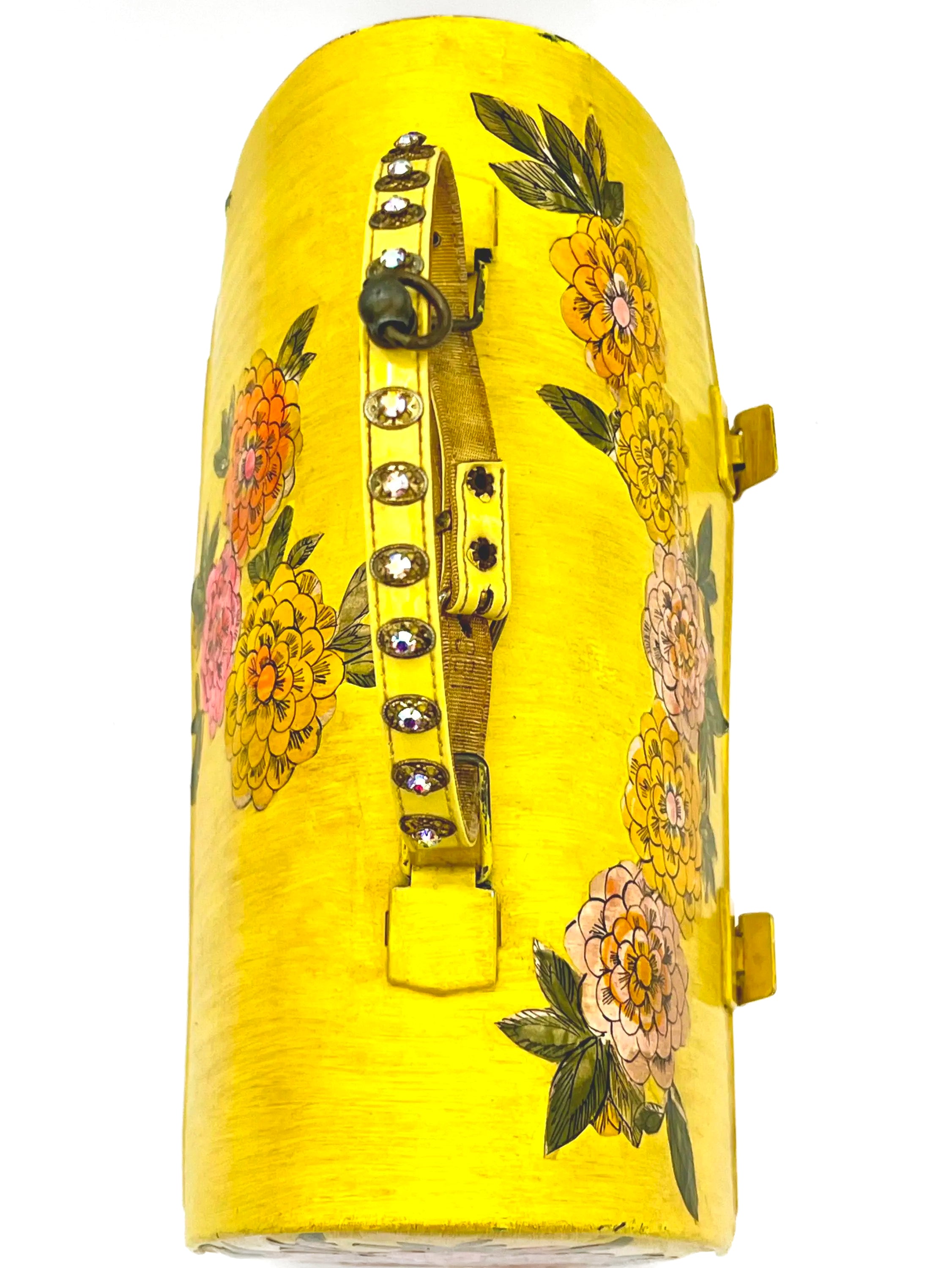 Unique 1960s folk art lunch box converted into a purse with colorful decoupage floral patterns.