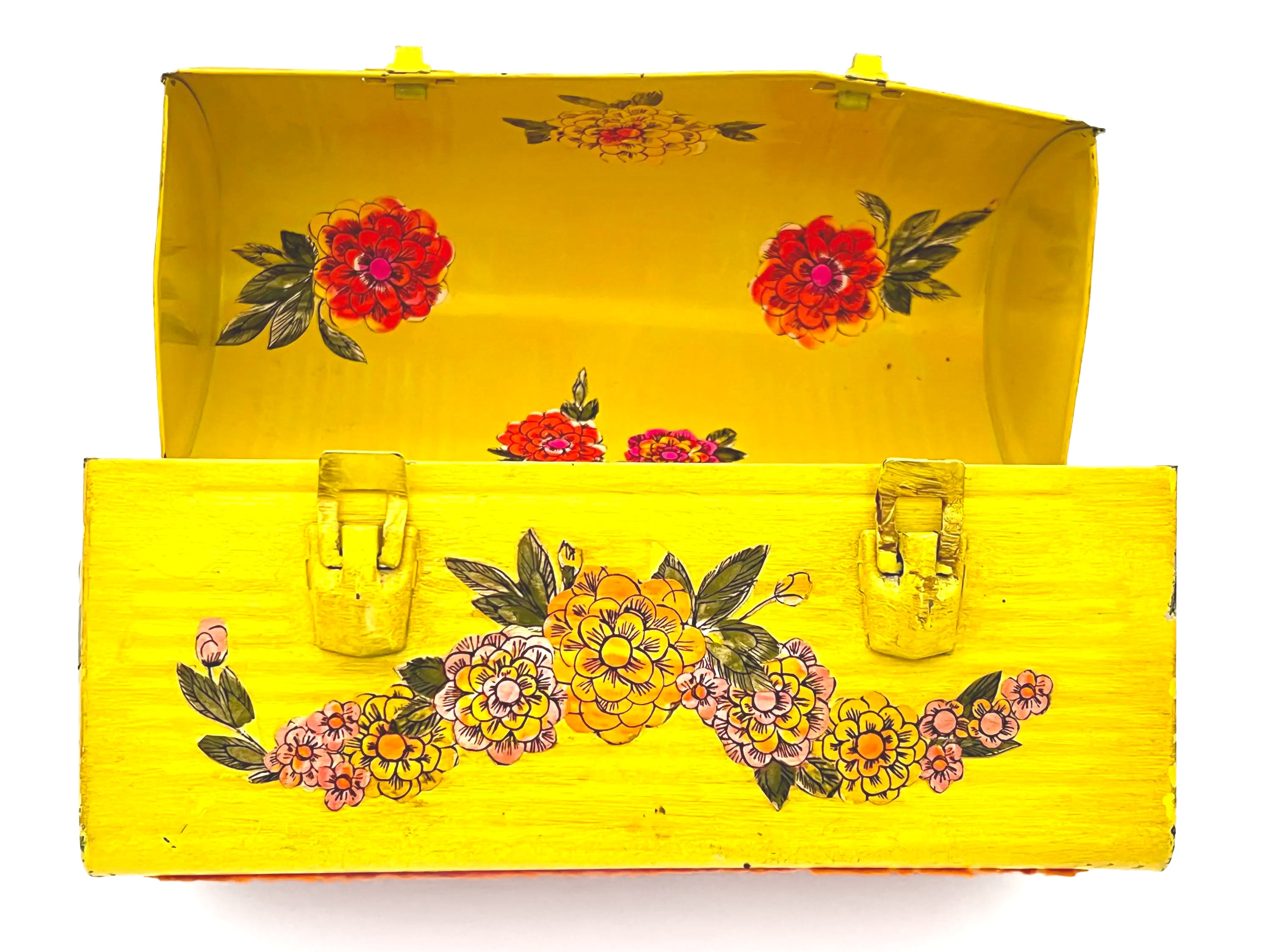 Unique 1960s folk art lunch box converted into a purse with colorful decoupage floral patterns.