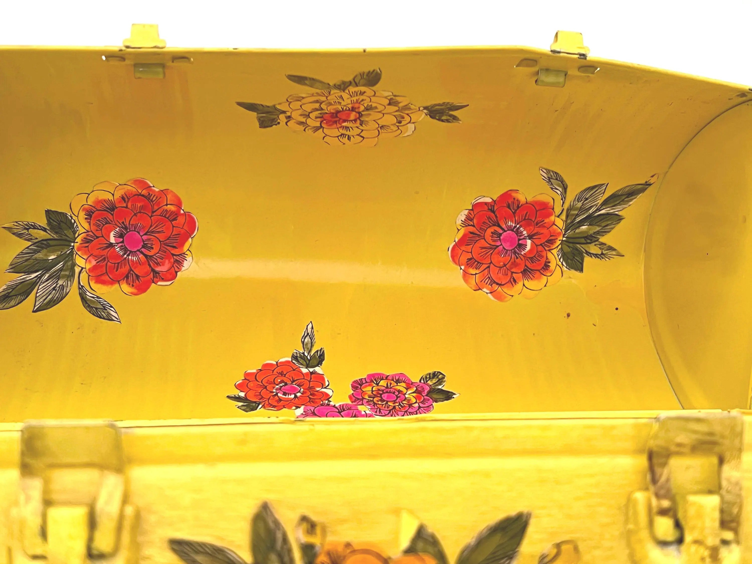 Unique 1960s folk art lunch box converted into a purse with colorful decoupage floral patterns.