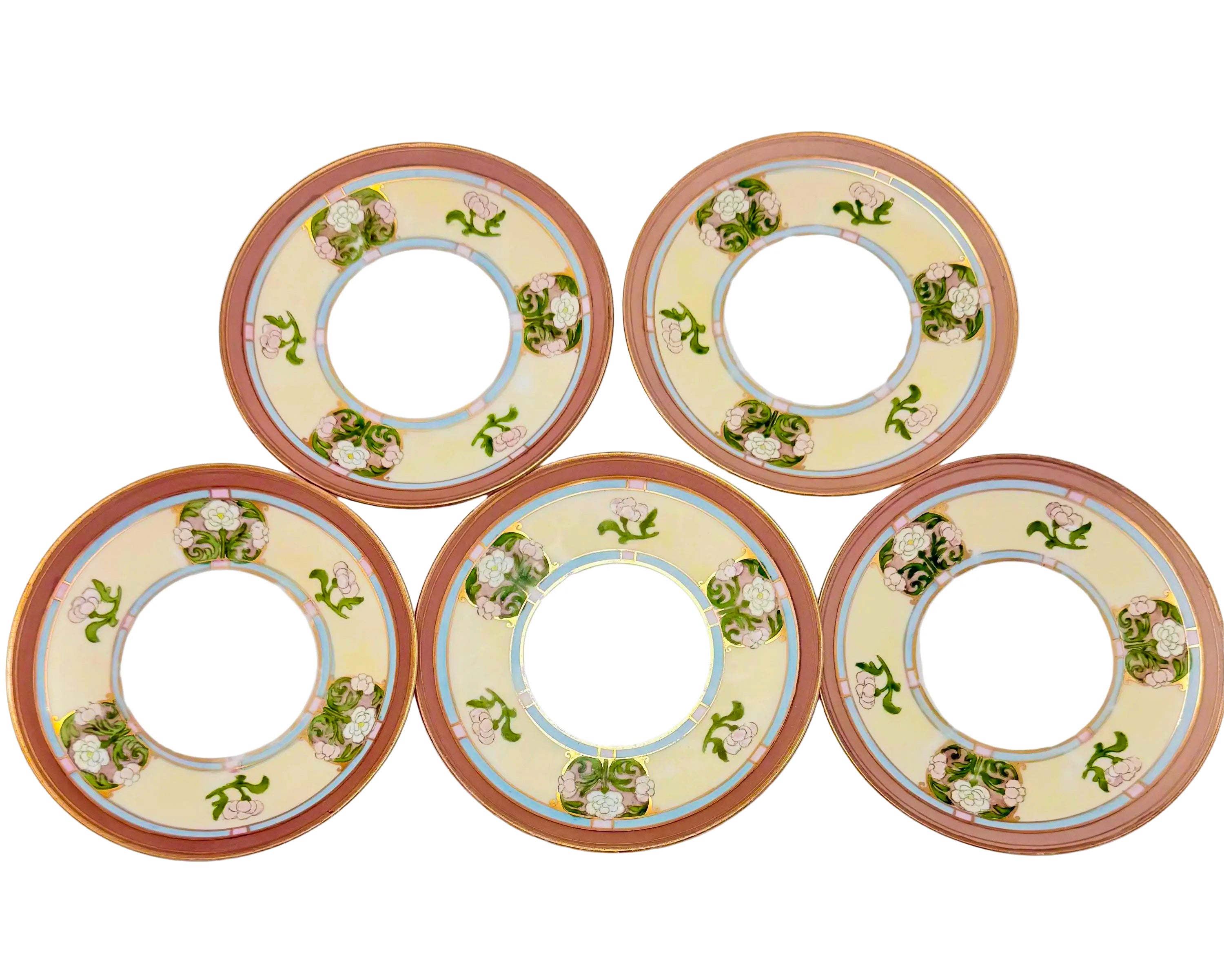 Set of 5 antique Morimura Nippon bread and butter plates with delicate hand-painted floral borders.