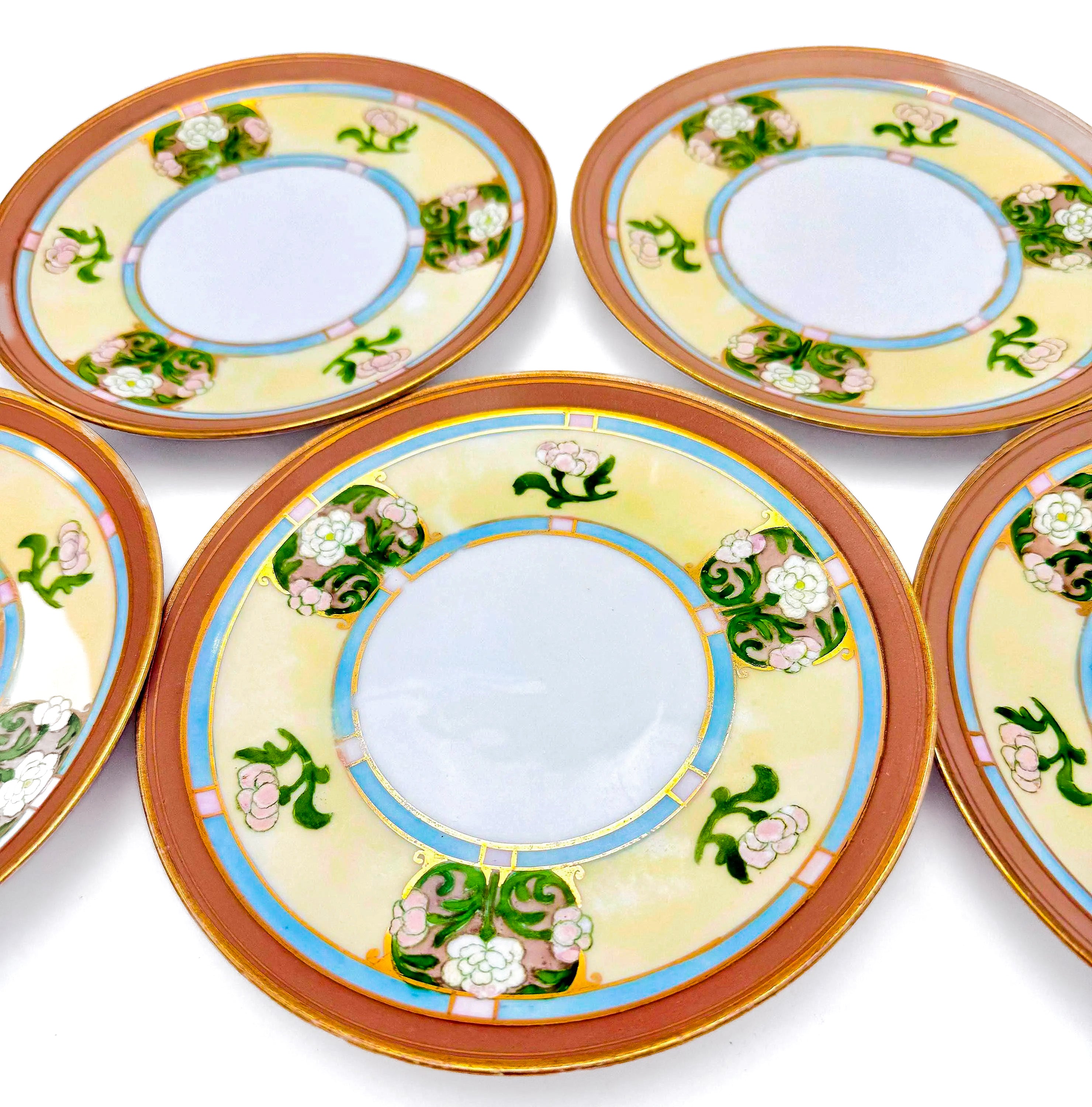 Set of 5 antique Morimura Nippon bread and butter plates with delicate hand-painted floral borders.