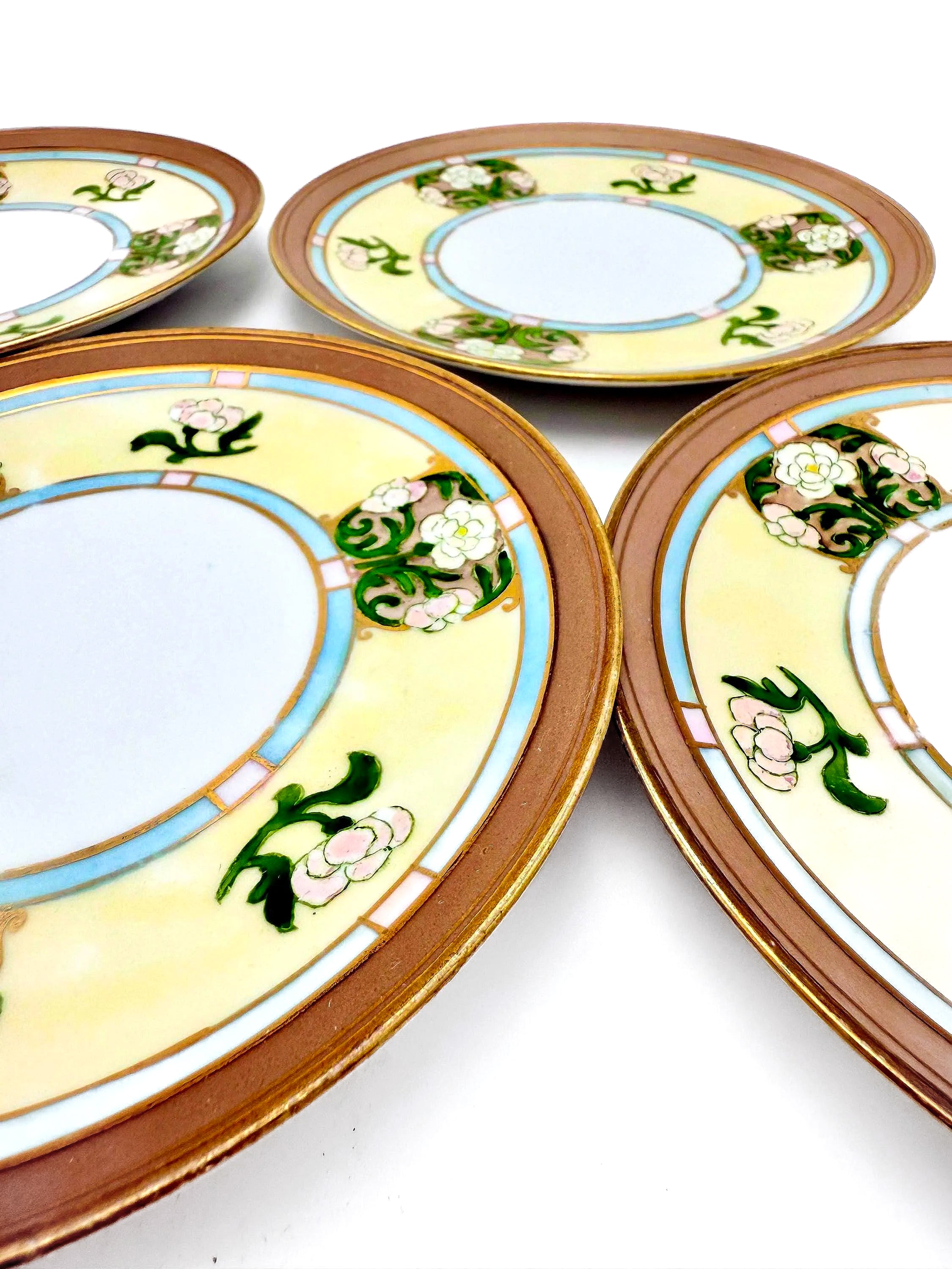 Set of 5 antique Morimura Nippon bread and butter plates with delicate hand-painted floral borders.