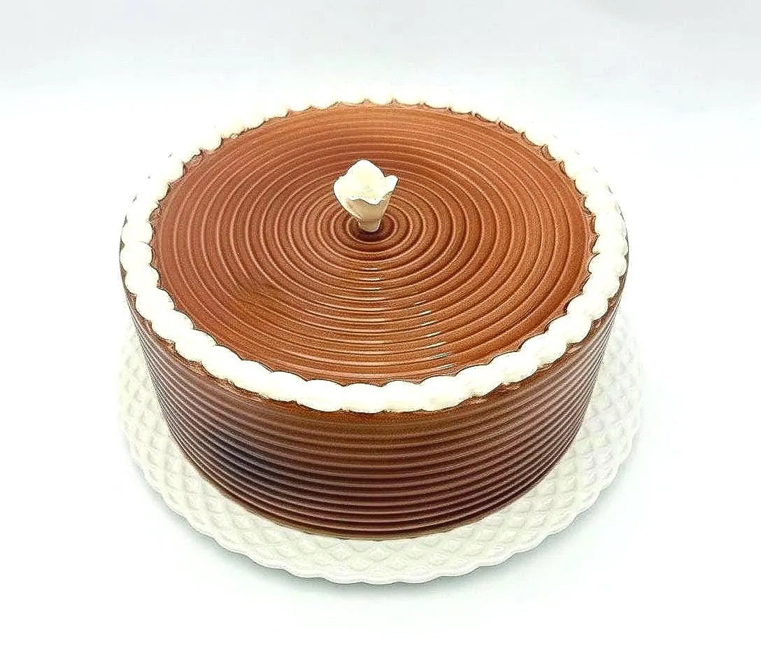 Vintage Portuguese ceramic cake dome and serving platter featuring a handcrafted rose finial on the lid.