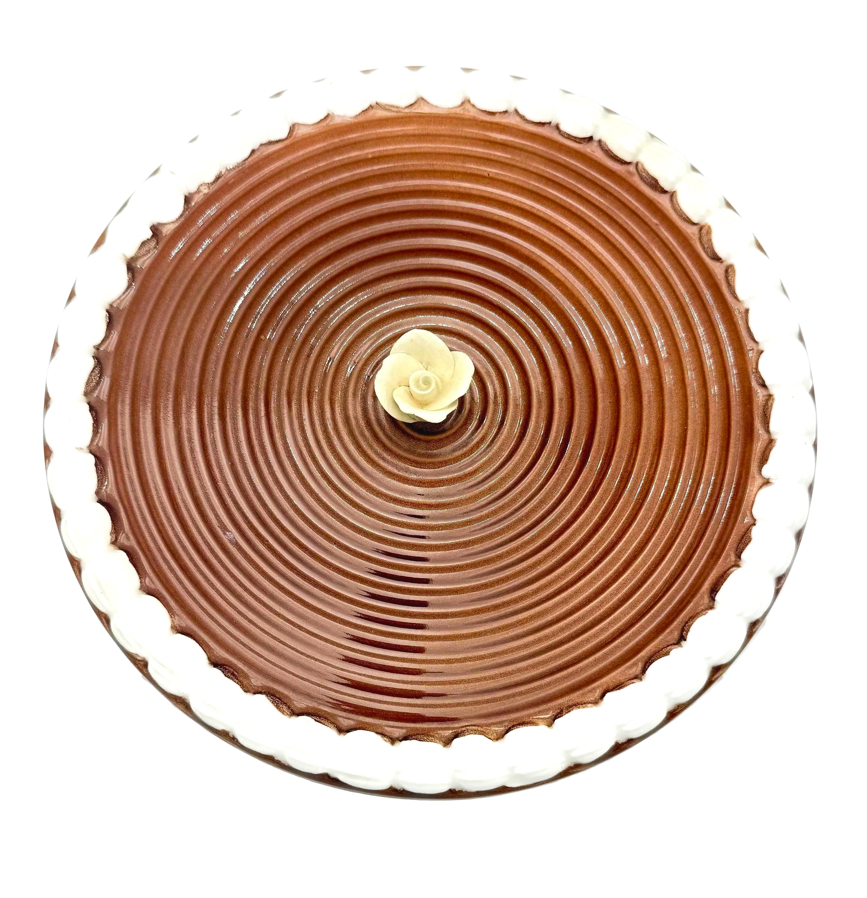 Vintage Portuguese ceramic cake dome and serving platter featuring a handcrafted rose finial on the lid.