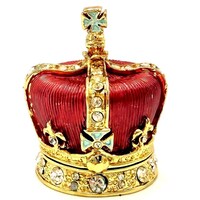 VINTAGE JEWELED CROWN TRINKET BOX – FABERGÉ STYLE ENAMEL MINI RING HOLDER, RED AND GOLD RHINESTONE JEWELRY BOX
