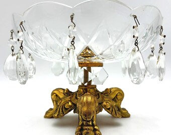 VINTAGE CRYSTAL PRISM COMPOTE BOWL WITH GILT GOLD BASE