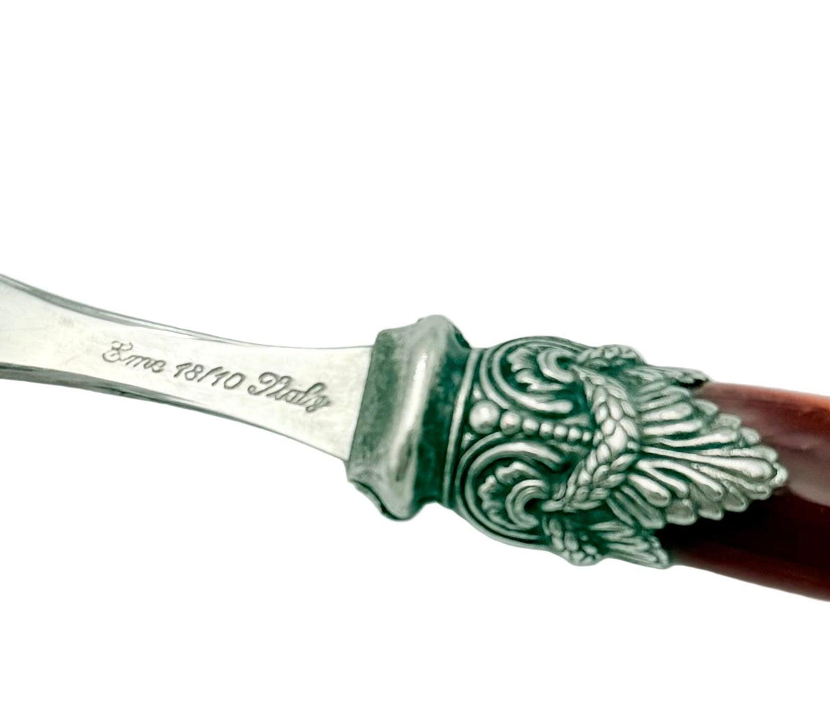 vintage eme zinox italy spoon  burgundy lucite handle with ornate silver detail  luxury italian flatware