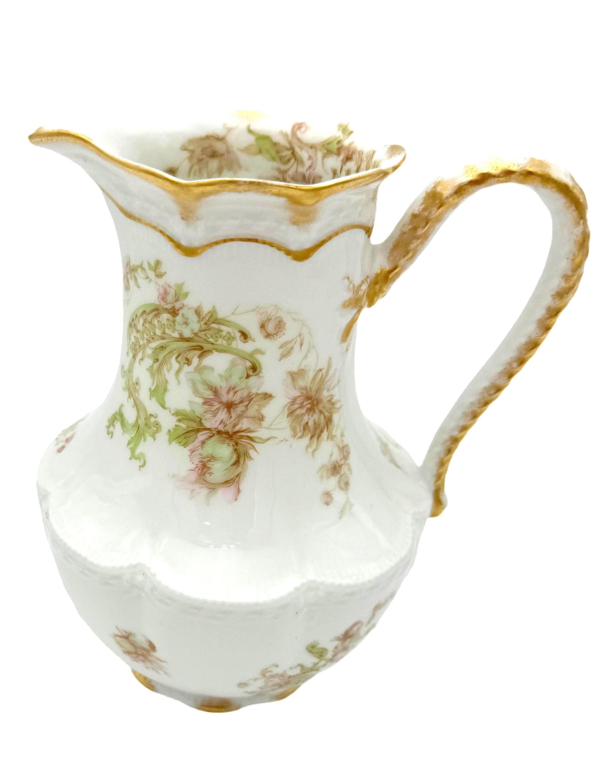 Vintage Floral Porcelain Pitcher, Gold Trimmed Creamer, Antique Milk Jug
