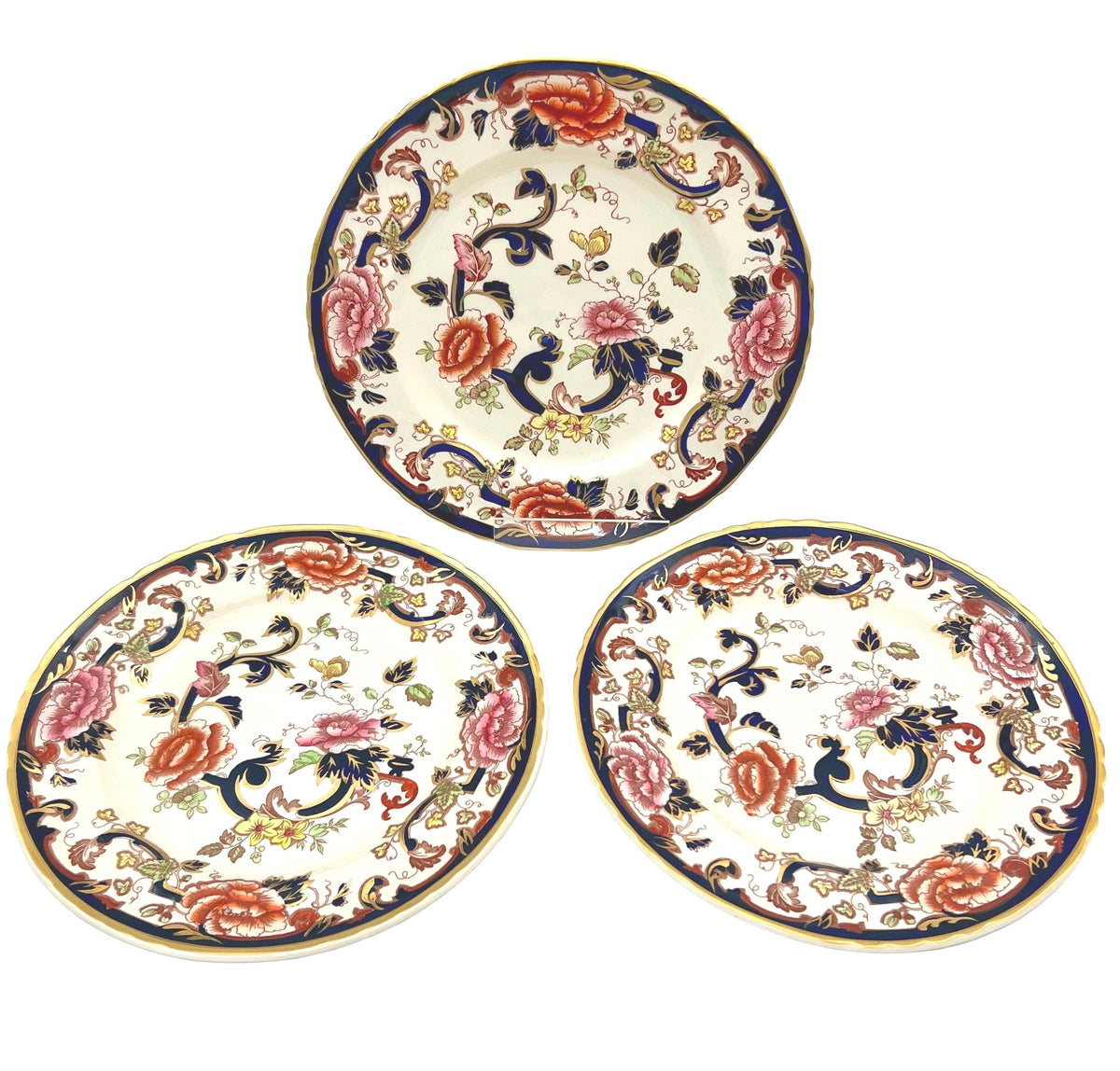 set of 3 masons ironstone mandalay dinner plates 10.5 | english printed & hand painted floral gilt plates | sold individually or set