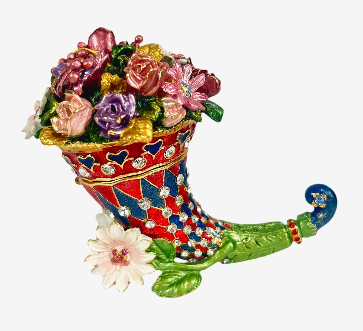 Floral Cornucopia Trinket Box | Rhinestone Enamel Horn of Plenty