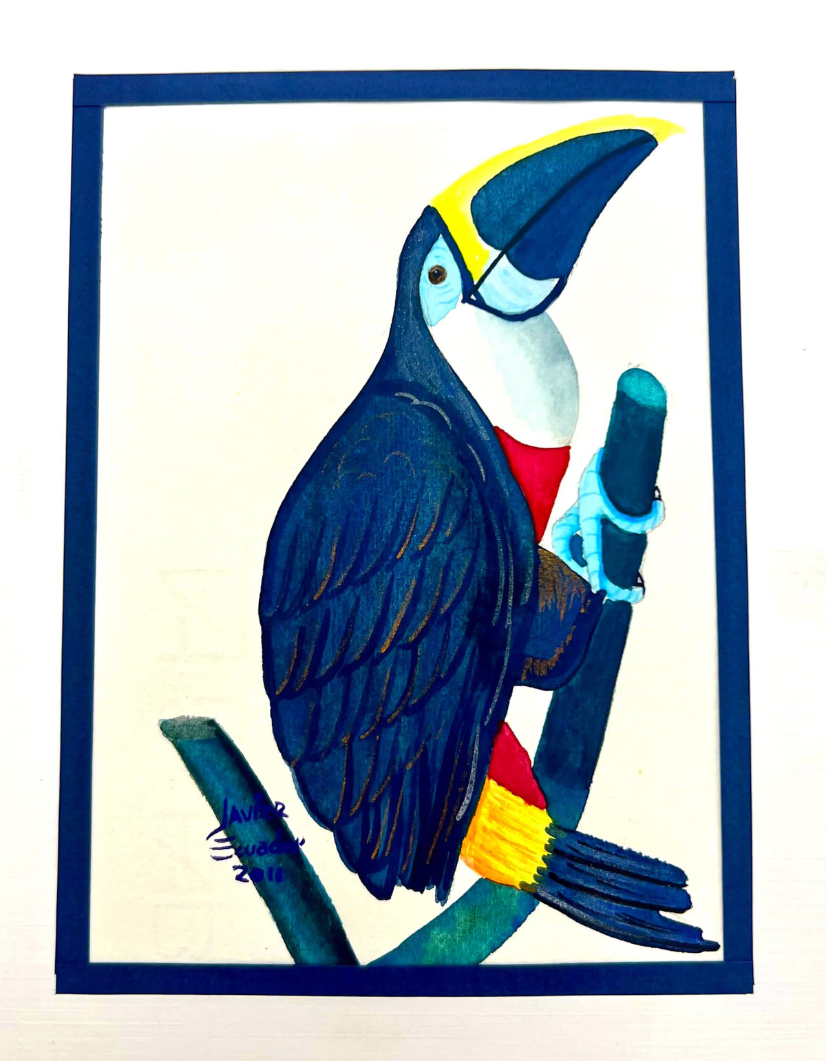 Original Toucan Bird Painting by Javier – Signed Ecuadorian Tropical Art, Palm Beach Regency Decor