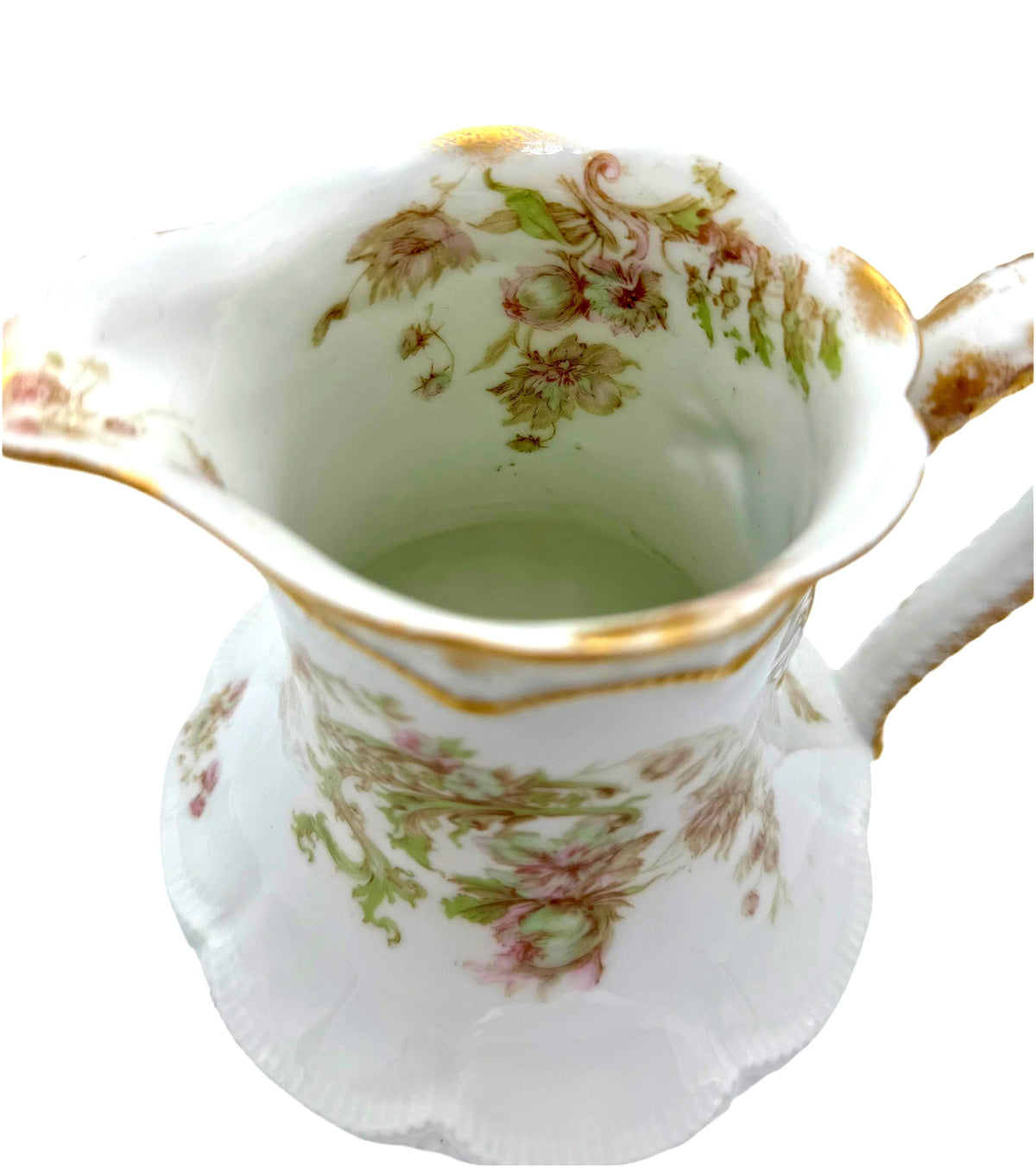 Vintage Floral Porcelain Pitcher, Gold Trimmed Creamer, Antique Milk Jug