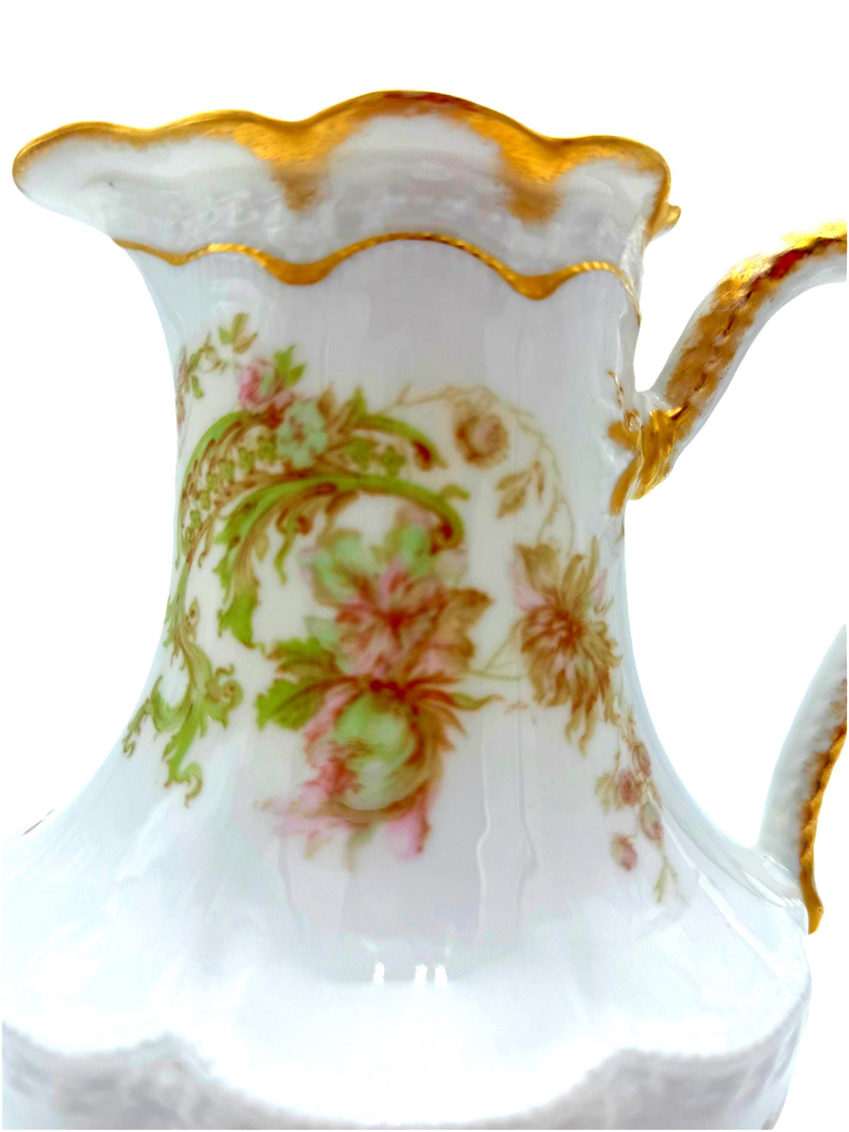 Vintage Floral Porcelain Pitcher, Gold Trimmed Creamer, Antique Milk Jug